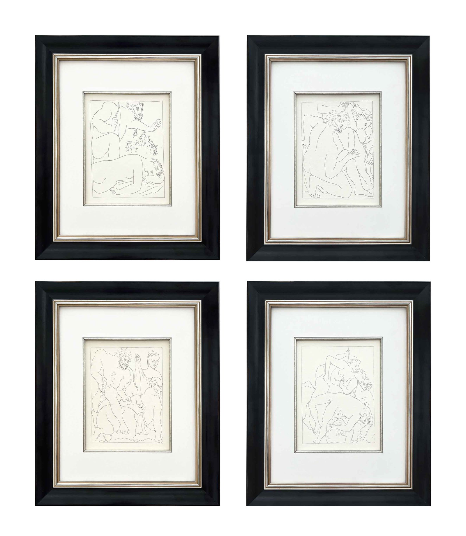Picasso set of 4 no.1-3-4-5 Framed: Title: Picasso set of 4 no.1-3-4-5 Framed Artist: Pablo Picasso Description: Artist: Pablo Picasso (after) Country: Spain Medium: Facsimile No. 1- 3- 4 & 5 Marks: Not signed, not numbered Paper Si