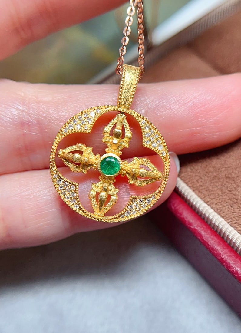 18K Gold Ruby Emerald Pendant - 2