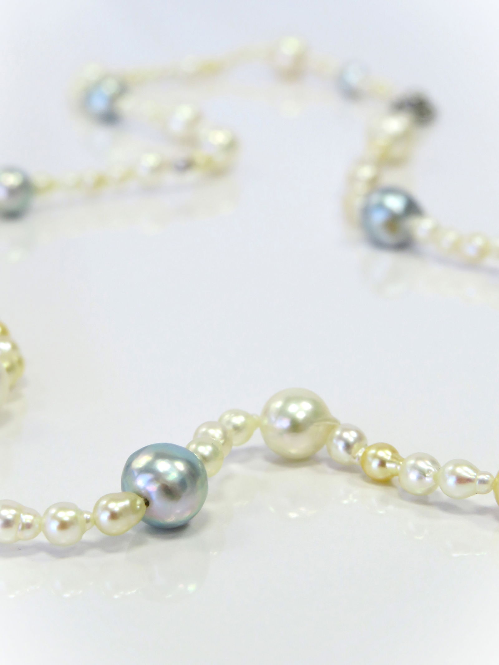 3-9mm Drop-Baroque Mix White/Golden and Blue Akoya Pearl Long Necklace - 2