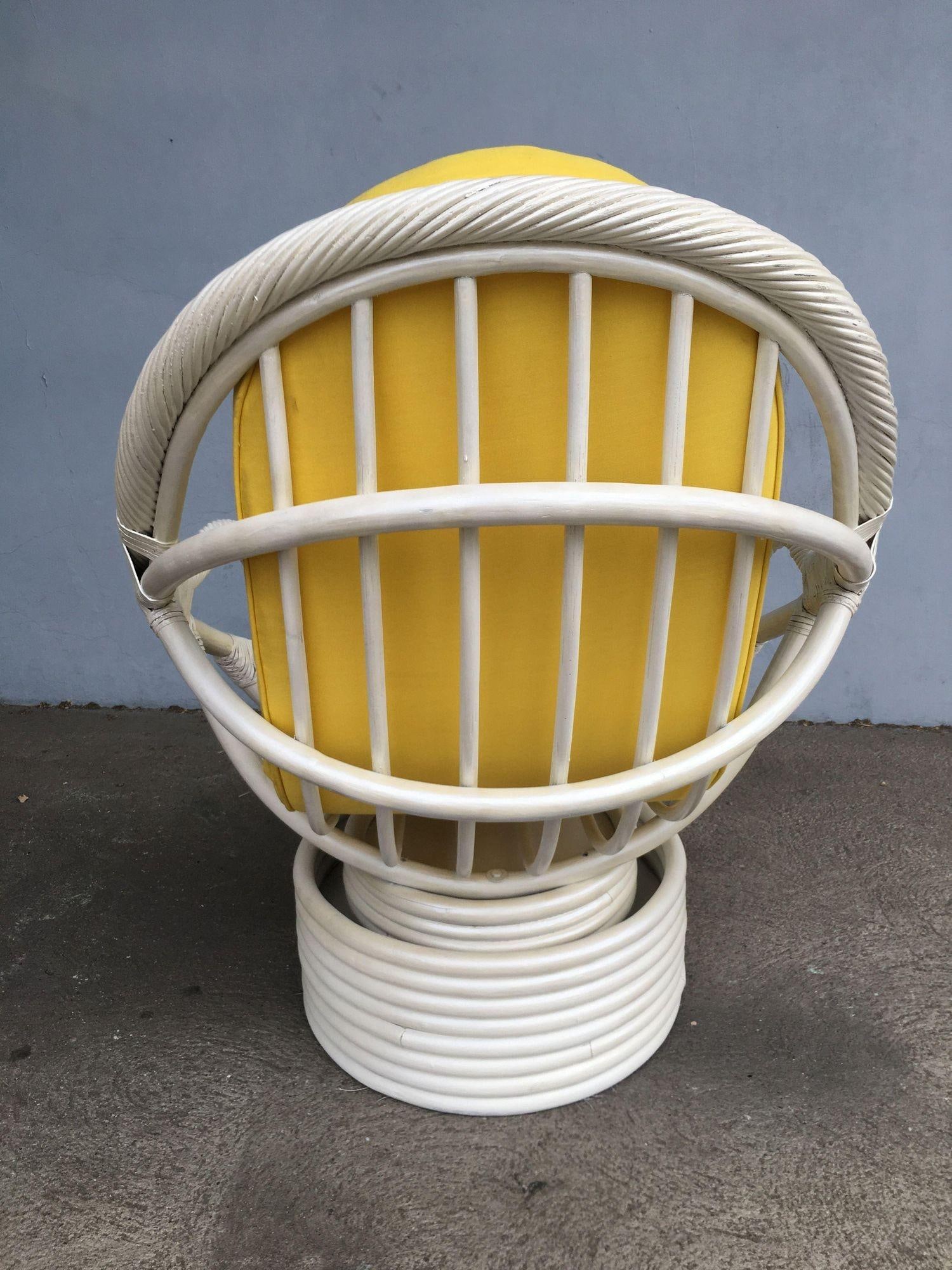 Restored White Rattan Bucket Lounge Chair W/ Swivel Base - 11