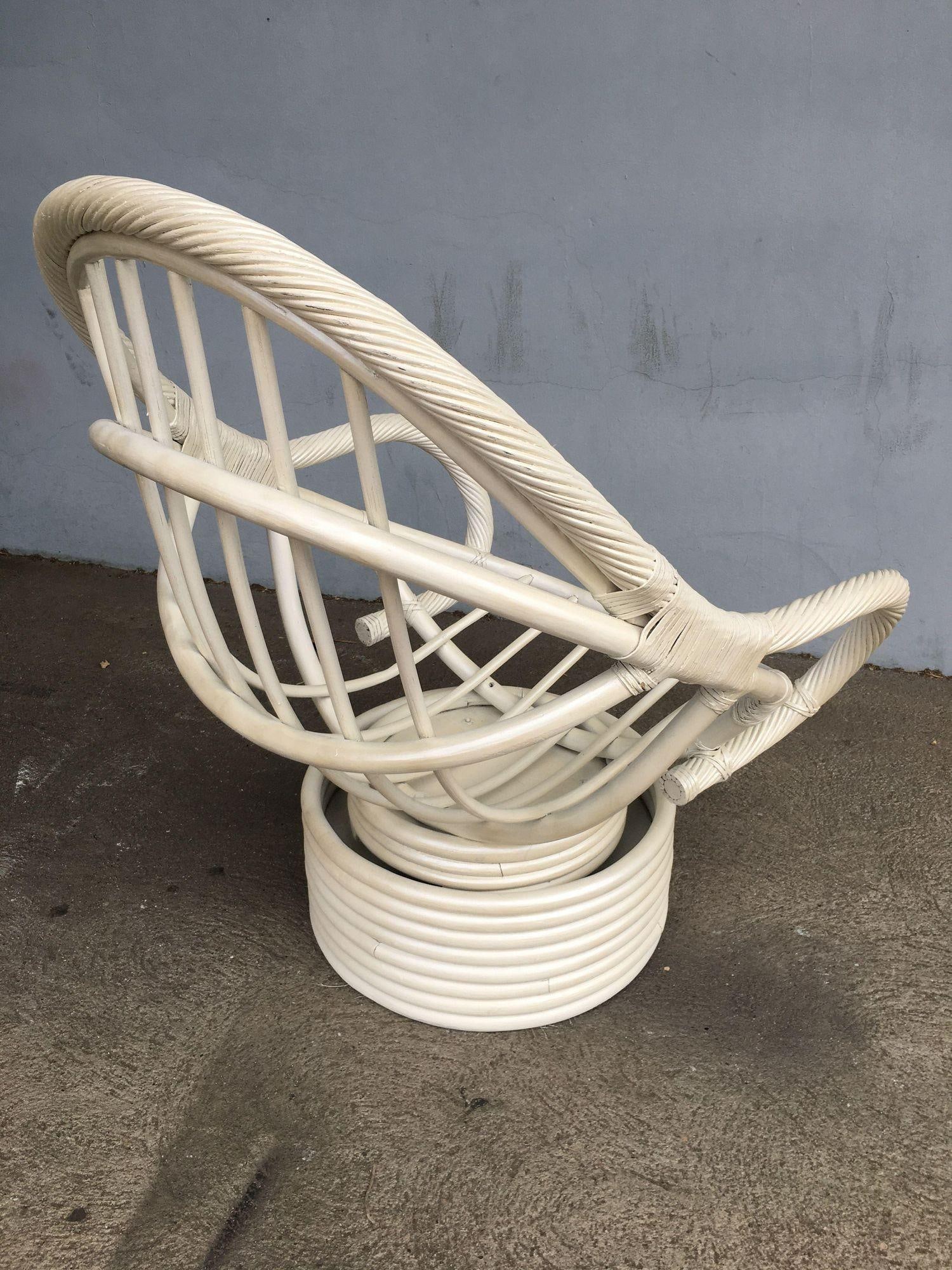 Restored White Rattan Bucket Lounge Chair W/ Swivel Base - 13