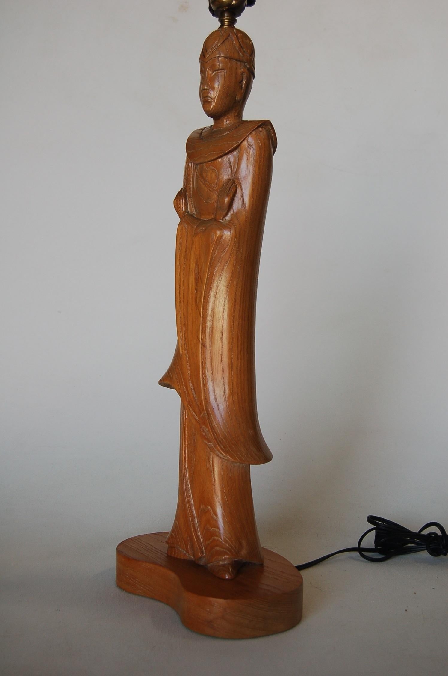 Midcentury Carved Oak Chinese Monk Wood Figure Lamp - 13
