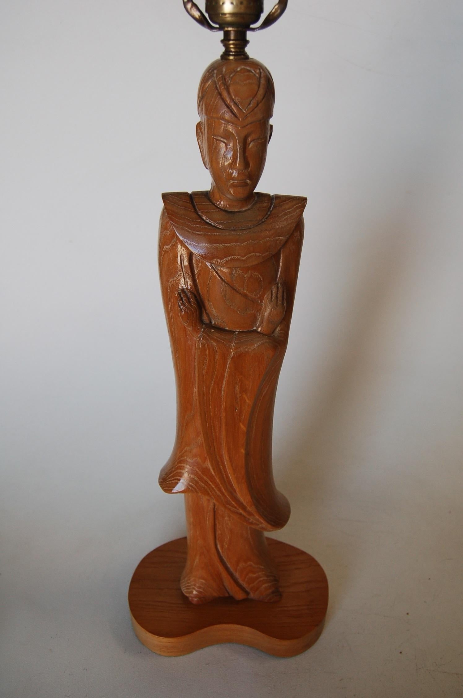 Midcentury Carved Oak Chinese Monk Wood Figure Lamp - 20