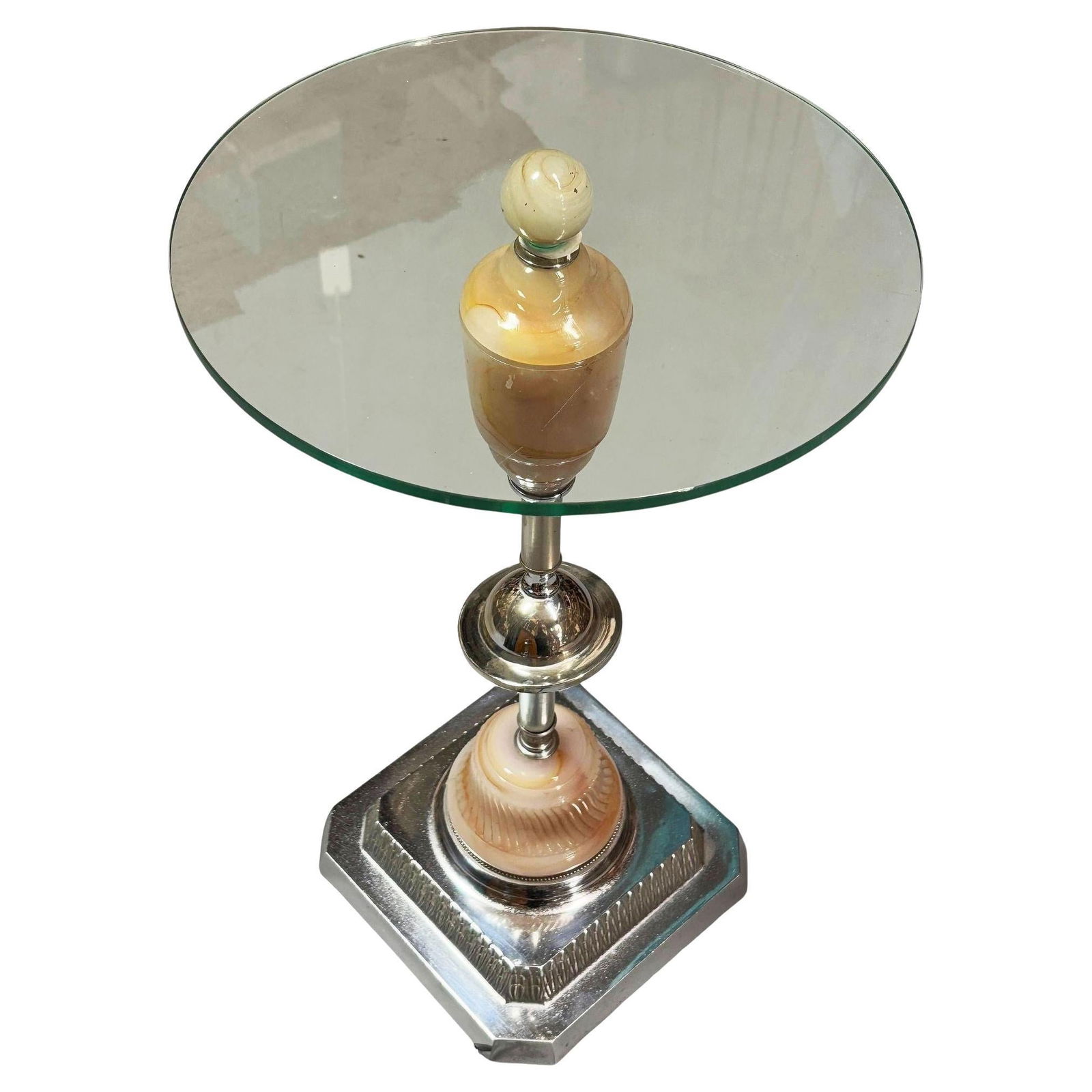 Light Up Chrome Streamline Art Deco Drink Side Glass Top Table w/ Art Glass Base - 7