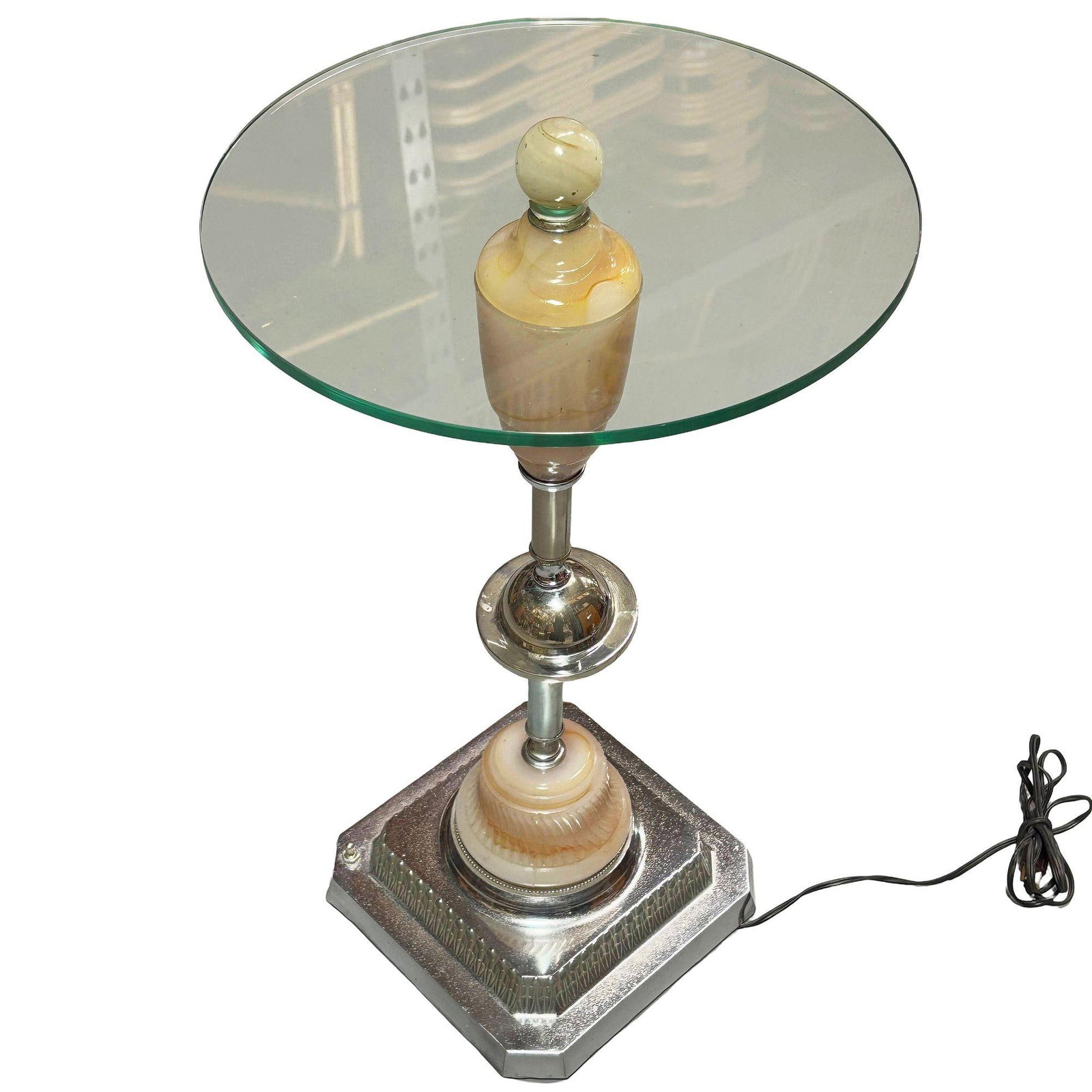 Light Up Chrome Streamline Art Deco Drink Side Glass Top Table w/ Art Glass Base - 9