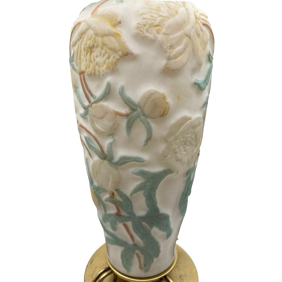1926 Vintage Phoenix Consolidated Satin Glass Vase Lamp, Peonies w/ Leaves - 13