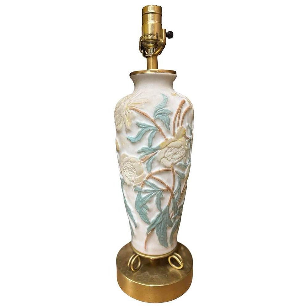 1926 Vintage Phoenix Consolidated Satin Glass Vase Lamp, Peonies w/ Leaves - 20