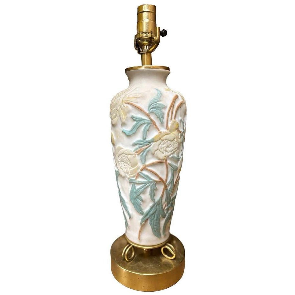 1926 Vintage Phoenix Consolidated Satin Glass Vase Lamp, Peonies w/ Leaves - 7