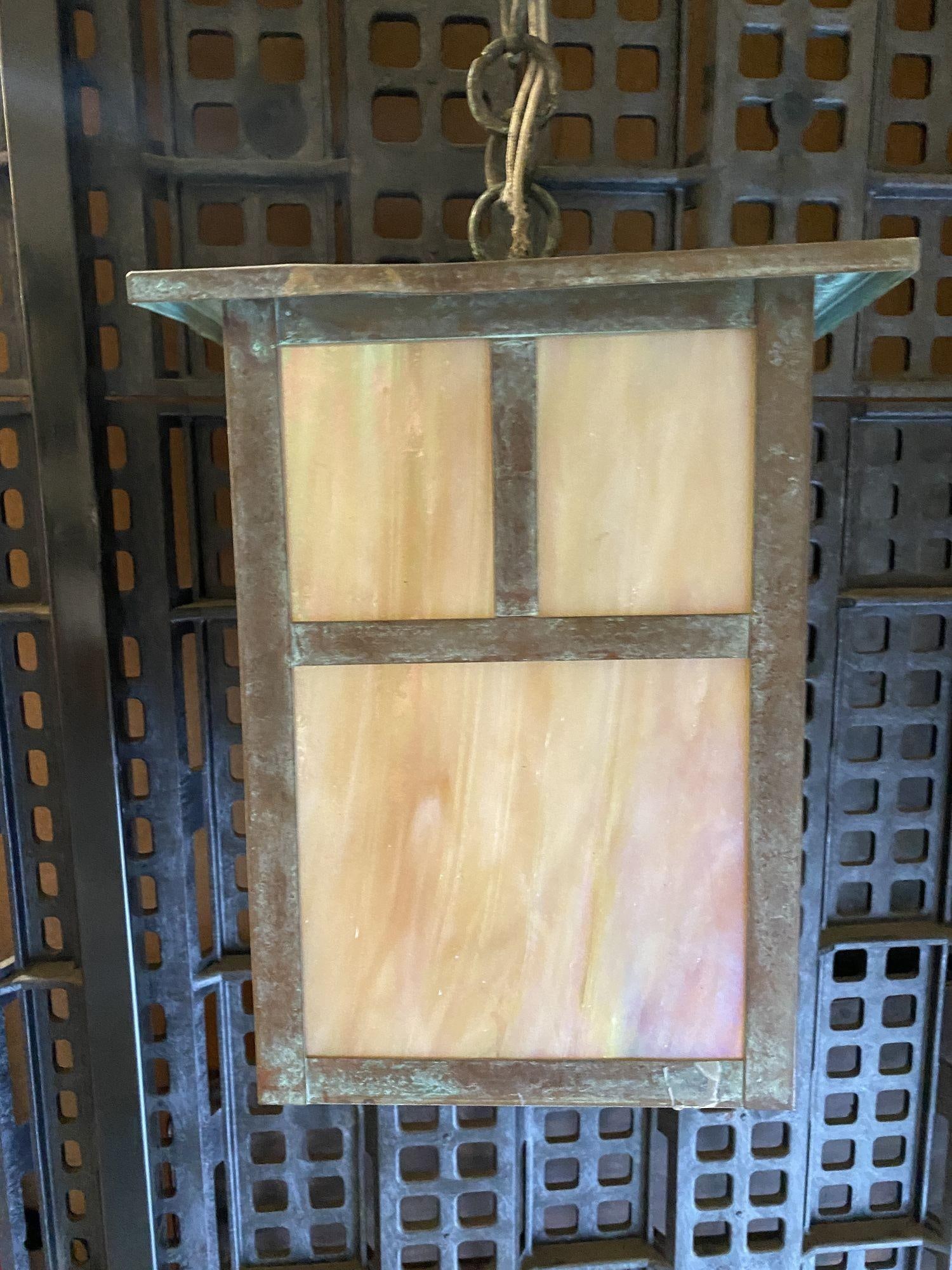 Arts and Crafts Bronze Sconce on Chain w/ Iridescent Art Glass Shade - 4