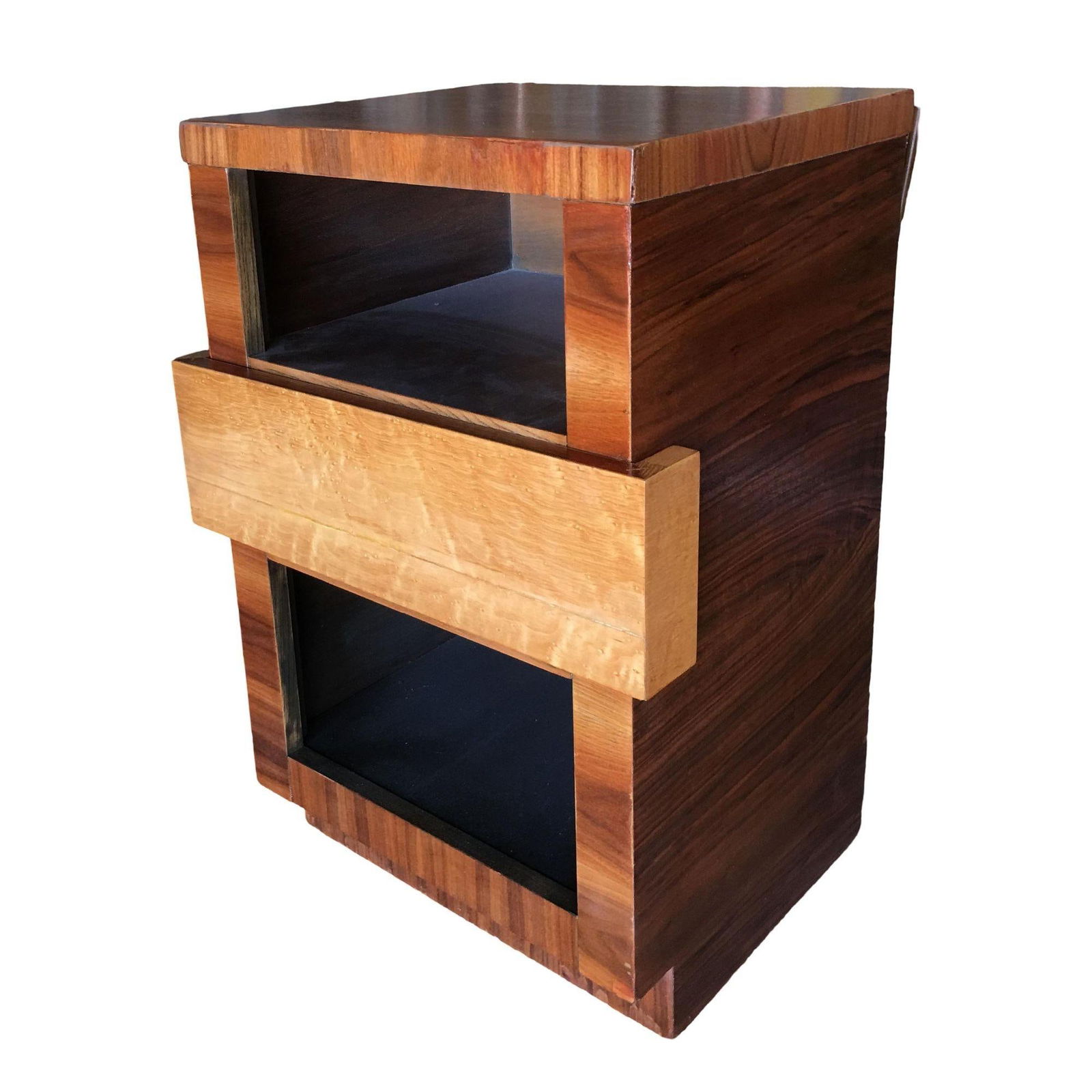 Eliel Saarinen Inspired Streamline Moderne Bedside Side Table: Title: Eliel Saarinen Inspired Streamline Moderne Bedside Side Table Description: Eliel Saarinen inspired streamline moderne bedside side table with dark stain and unique wrap around drawer front. A