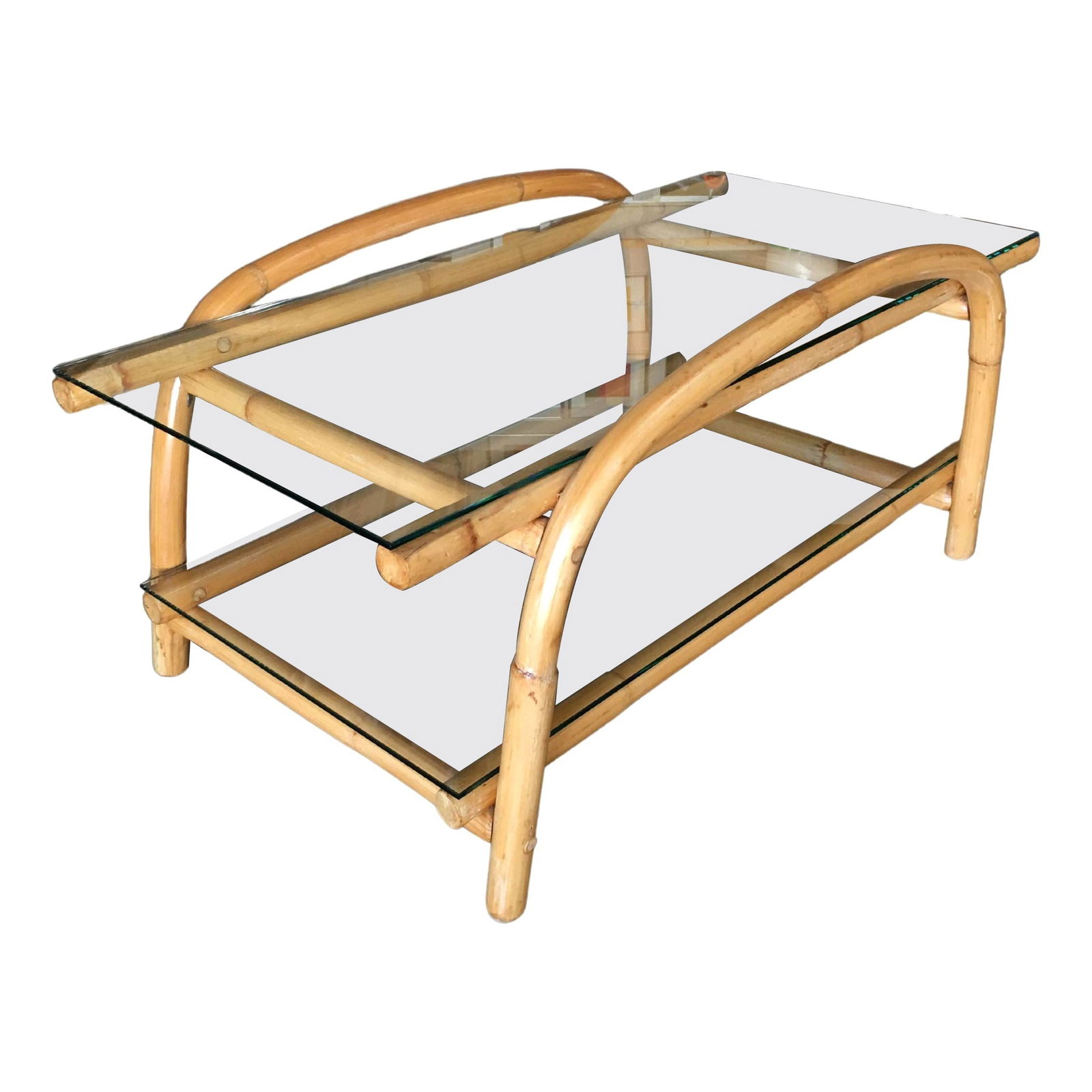 Restored Rattan End Table with Glass: Title: Restored Rattan End Table with Glass Description: This beautifully restored Paul Frankl-inspired rattan end table boasts arched arms and single-strand rattan construction, exuding vintage