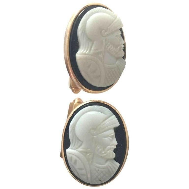 Hand Carved Shell "Knight" Cameo Cufflinks in 14-Karat with Bullet Back Clasp - 3