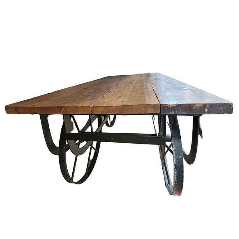 Industrial Iron & Wood Railroad Style Rolling Trolly Cart Coffee Table - 6