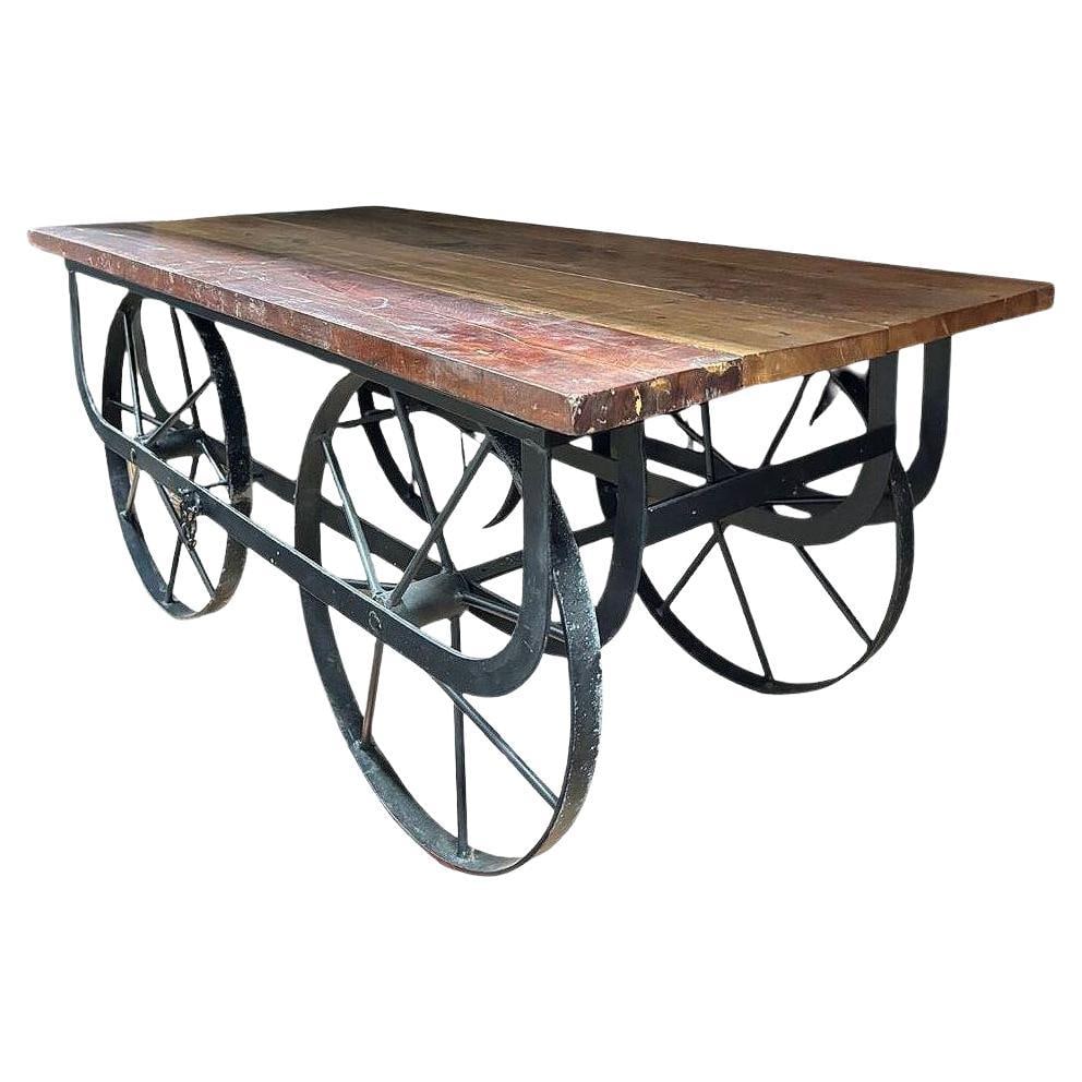 Industrial Iron & Wood Railroad Style Rolling Trolly Cart Coffee Table - 7