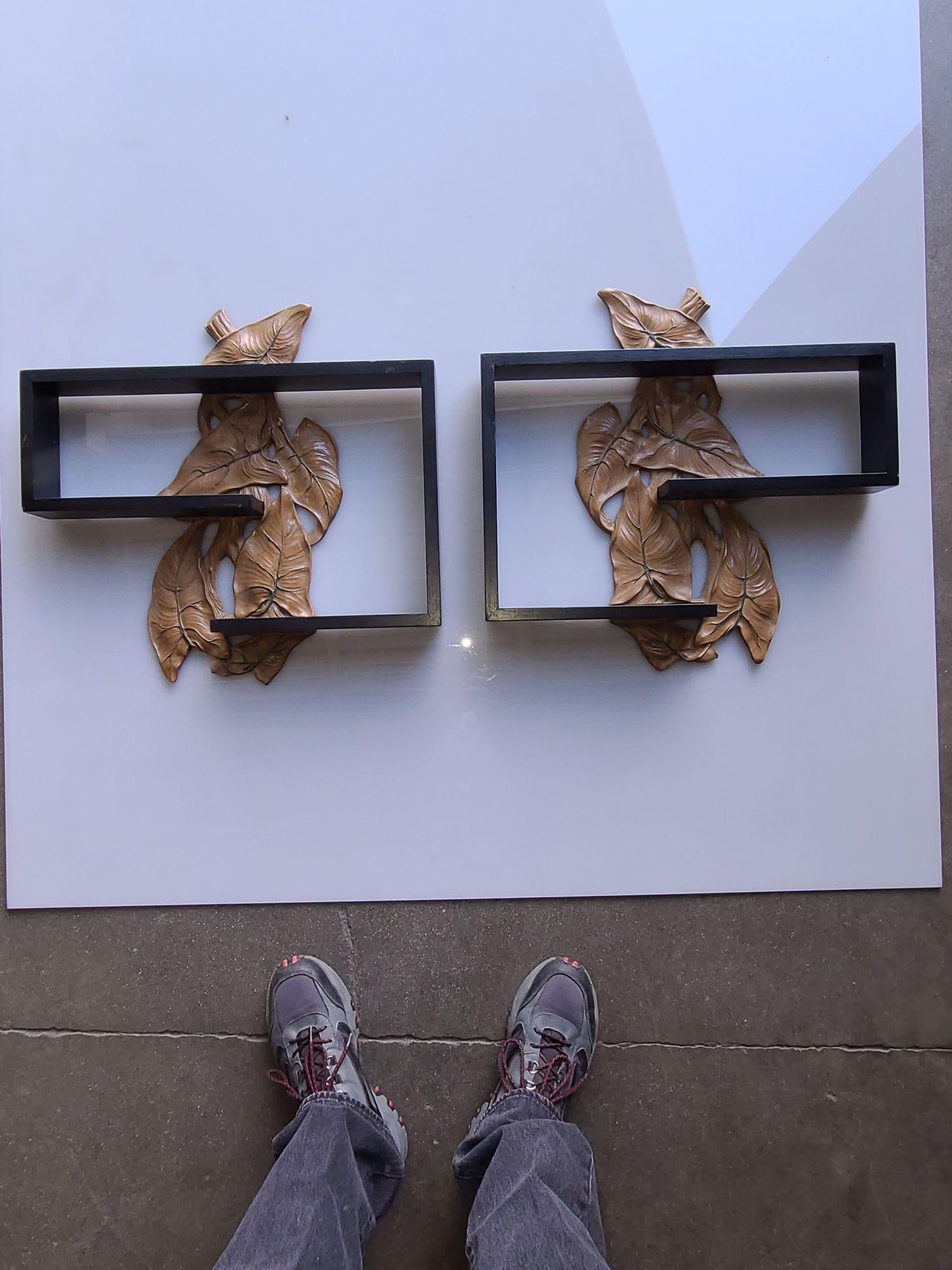 Midcentury Wall Shelf with Hand Carved Leaf Pattern, Pair - 9