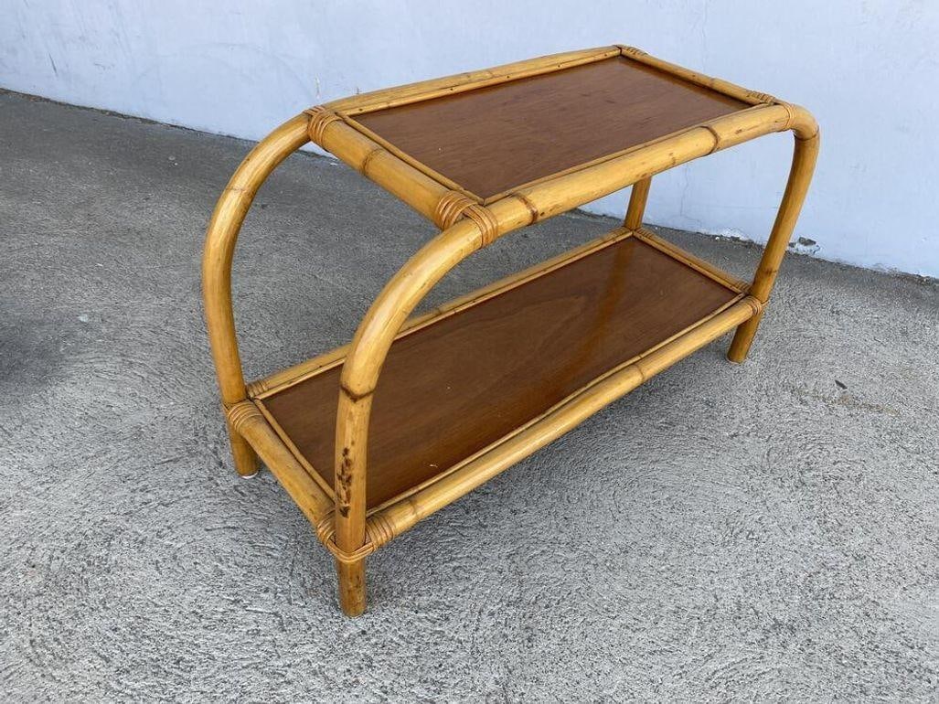Restored Mid-century Two-Tier Rattan & Mahogany Arched Side Table - 10