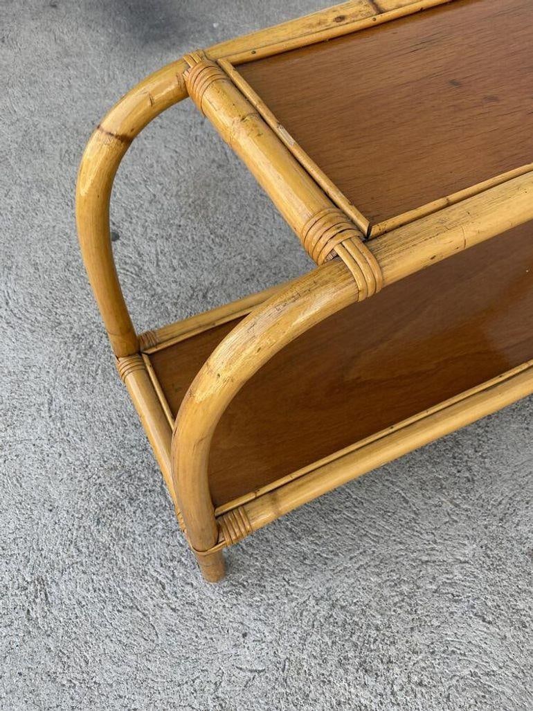 Restored Mid-century Two-Tier Rattan & Mahogany Arched Side Table - 11