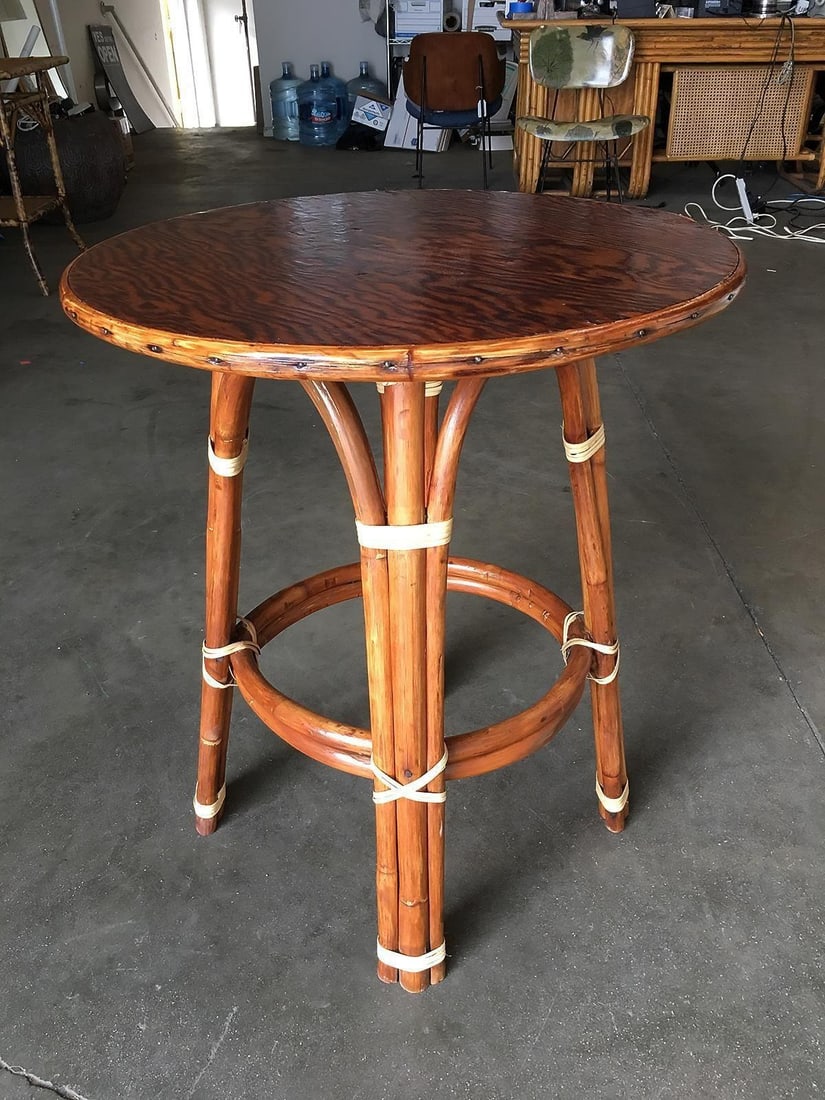 Restored Rattan "Double Circle" Side Table W/ Mahogany Top - 4
