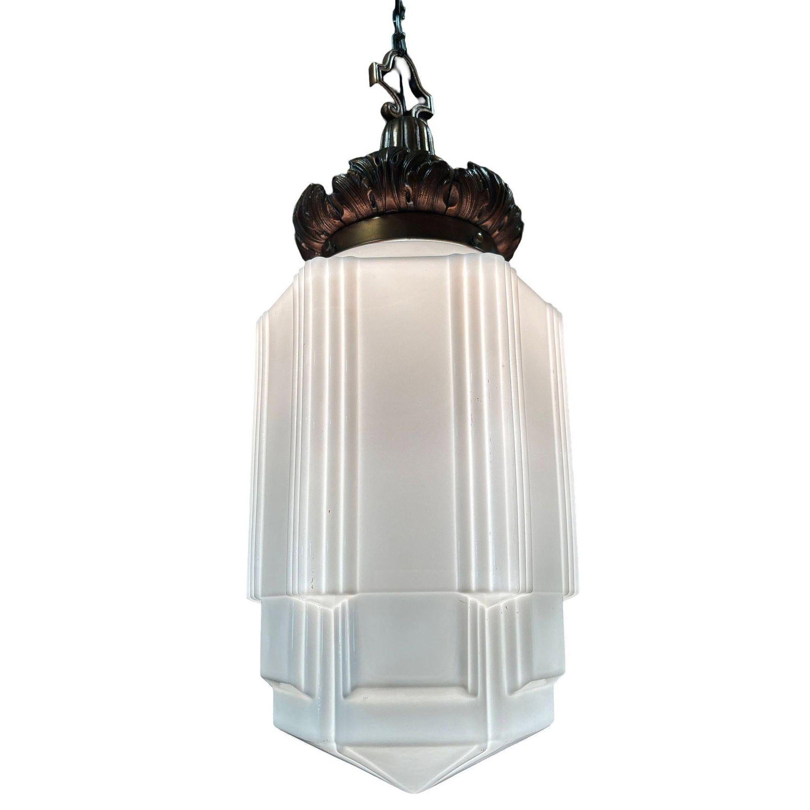 Art Deco Copper Acanthus Leaf Pendant Light w/ Skyscraper Milk Glass Shade - 15