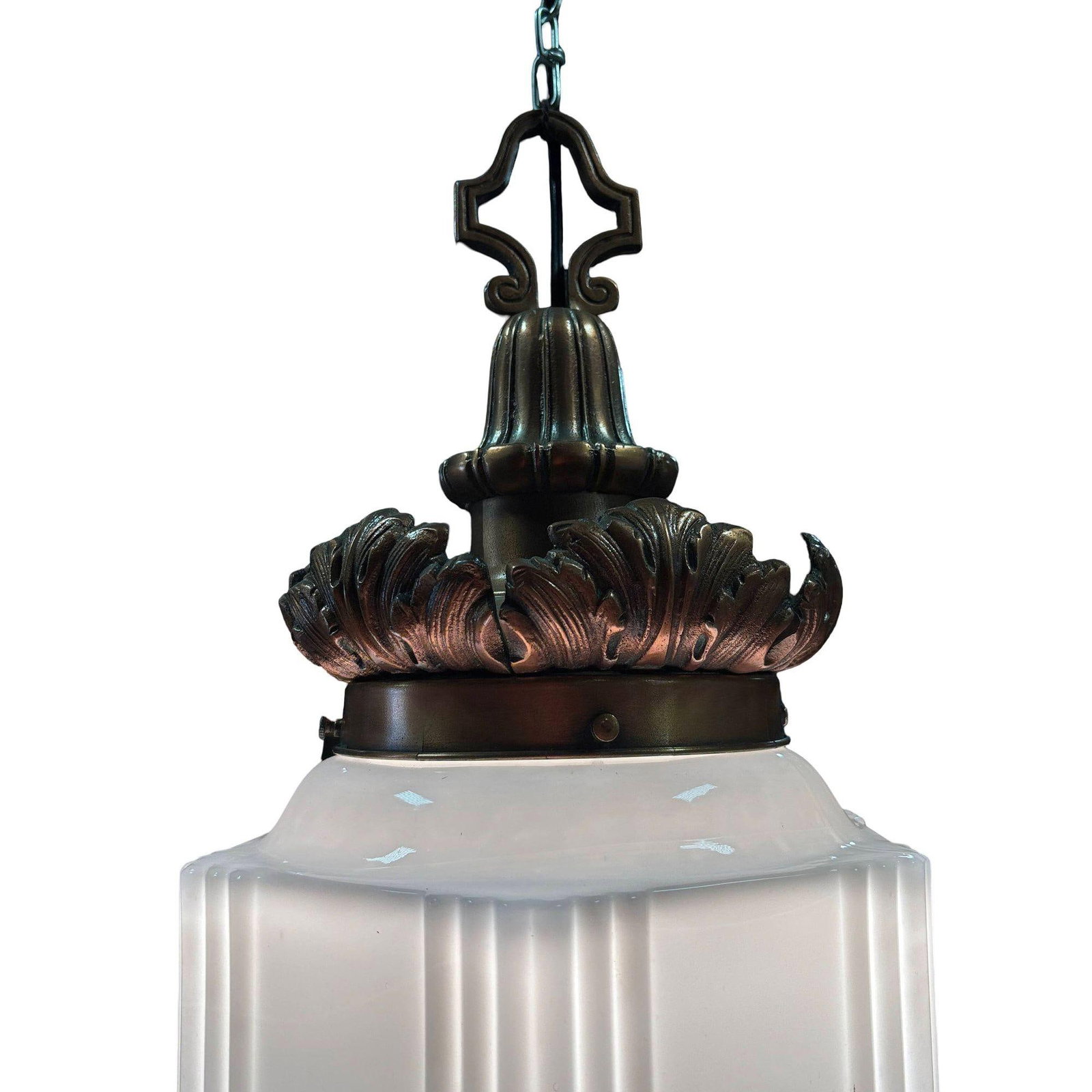 Art Deco Copper Acanthus Leaf Pendant Light w/ Skyscraper Milk Glass Shade - 3