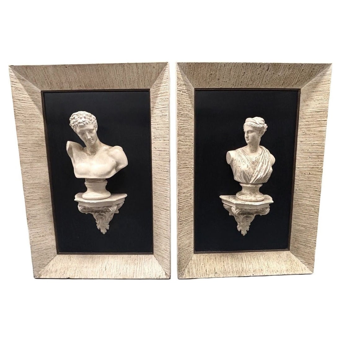 Framed Bust Sculpture 3D Framed Classical Style Art Male and Female Figure- Pair: Title: Framed Bust Sculpture 3D Framed Classical Style Art Male and Female Figure- Pair Description: This striking pair of framed bust sculptures showcases classical-style male and female figures in
