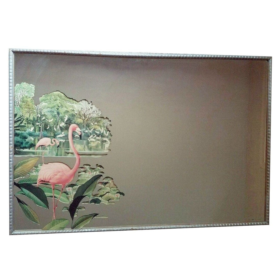 Rare Lithagraph Printed Pink Flamingo Framed Wall Mirror Wall by R. Stern for Tu - 2