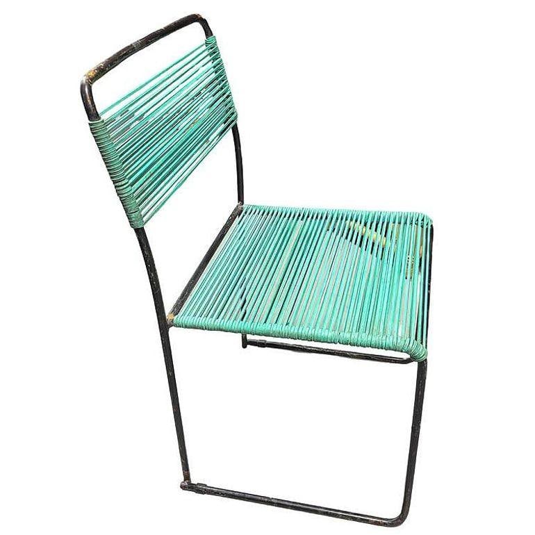 Pair of Walter Lamb Style Iron Blue Corded Outdoor Patio Side Chairs - 4