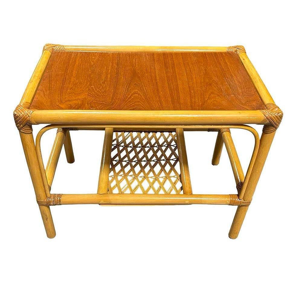 Restored Mid-century 2 Tier Rattan & Wicker Coffee Cocktail Table w Mahogany Top - 18