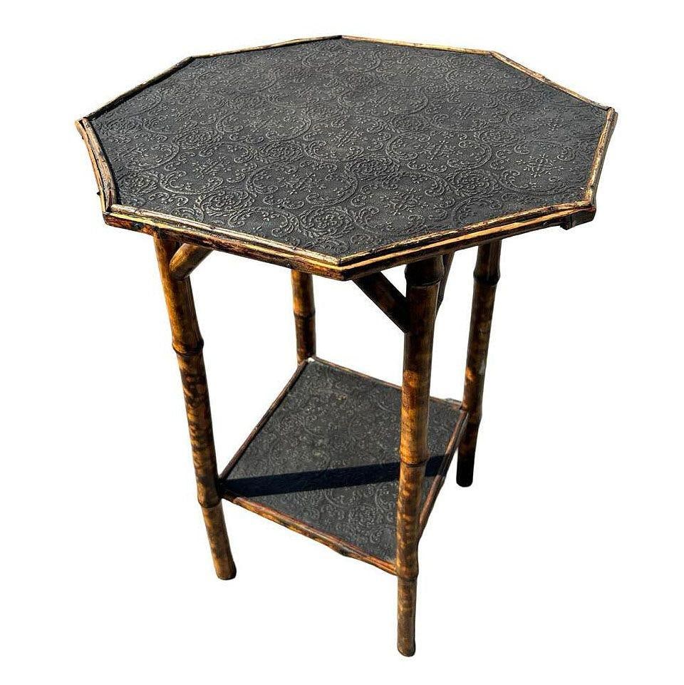 Restored Aesthetic Movement Tiger Bamboo Octagon Side Table w/ Embossed Top - 2