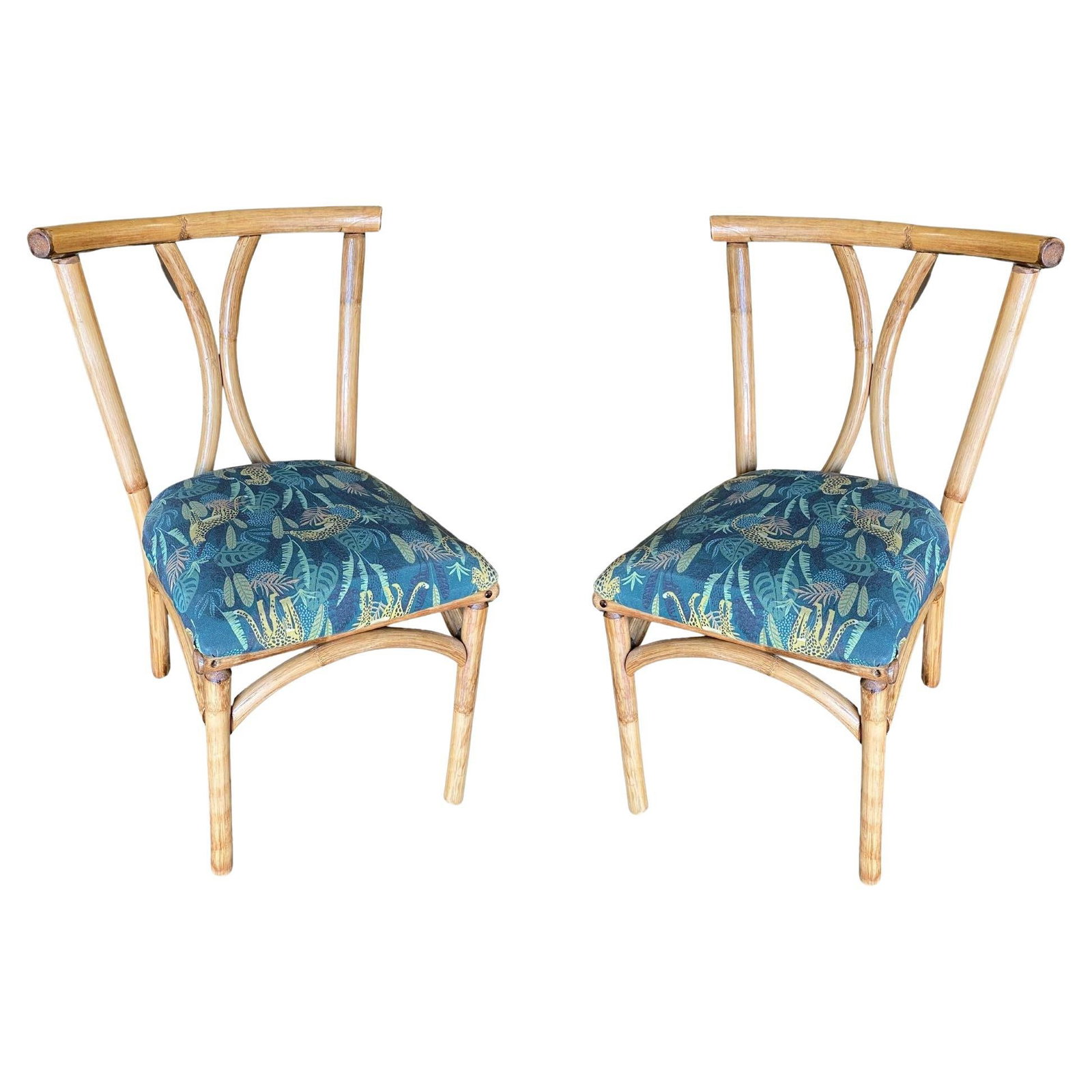 Restored Midcentury Rattan Dining Side Chair with Hourglass Back, Pair: Title: Restored Midcentury Rattan Dining Side Chair with Hourglass Back, Pair Description: Set of two rattan dining side chairs with double C hourglass back and foam padded seat, circa 1950. Restored