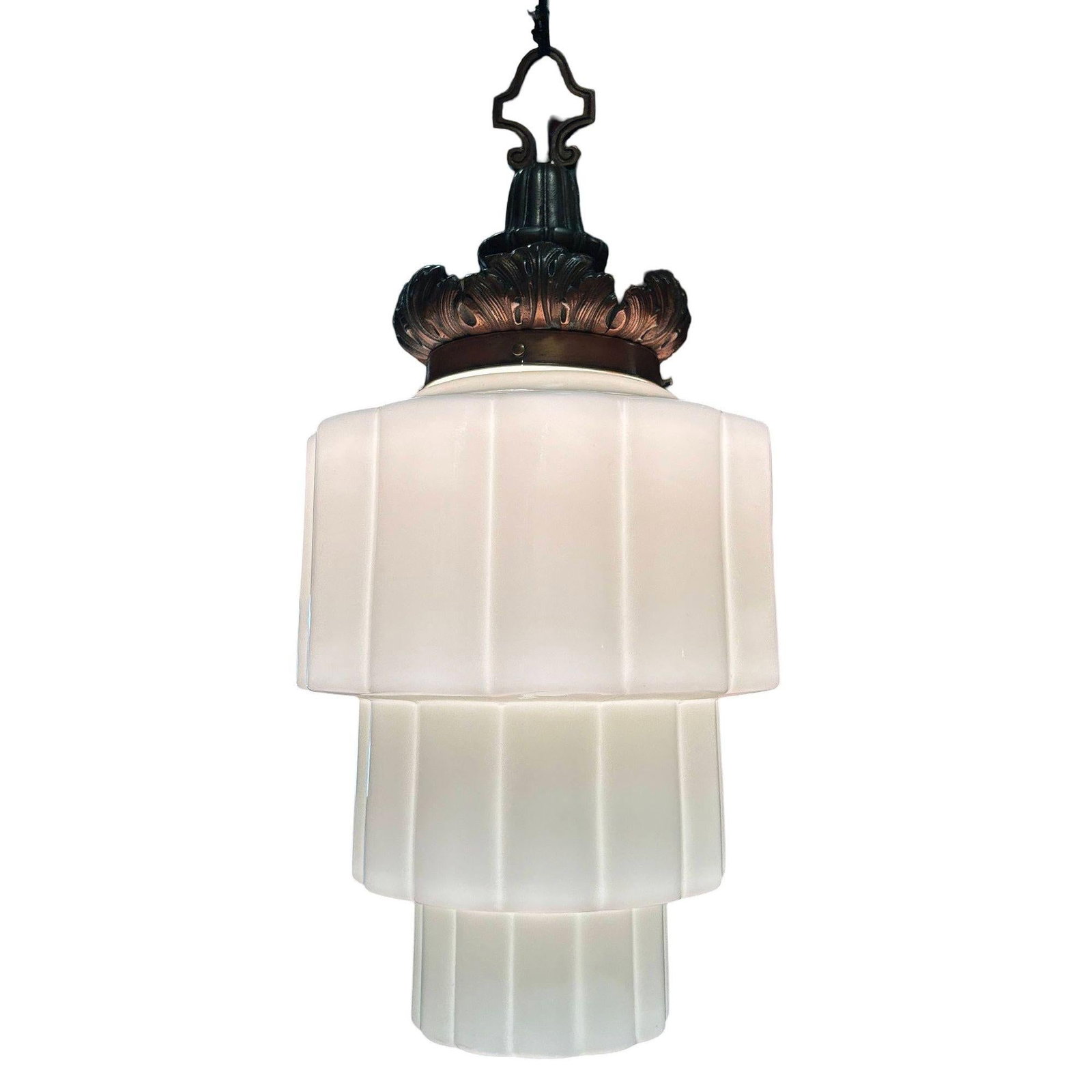 Art Deco Era Ornate Brass Pendant Light w/ Stepped Milk Glass Skyscraper Shade - 18