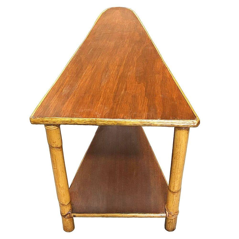 Restored Mid-century Rattan & Mahogany 2-Strand Wedge Side Table w/ Bottom Shelf - 14