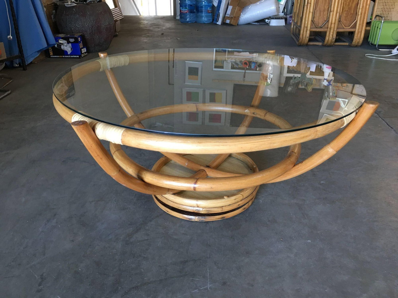 Restored Four Pole Rattan Coffee Table with Floating Glass Top - 20