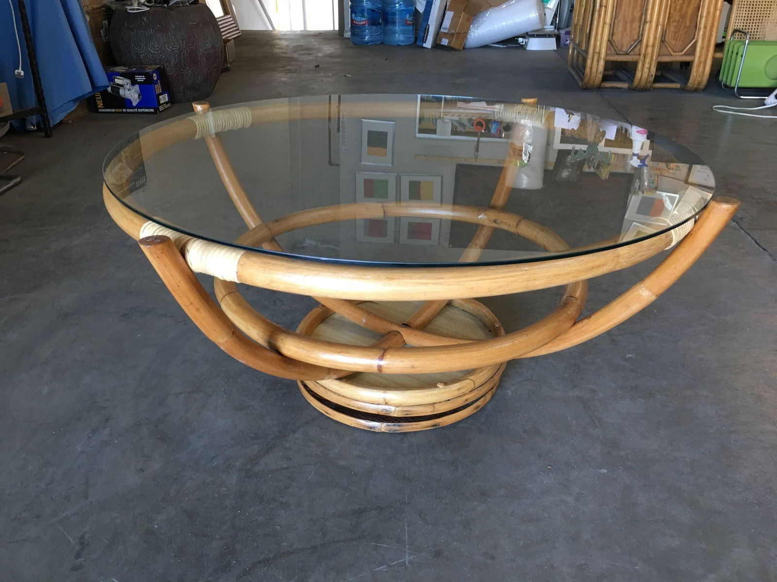 Restored Four Pole Rattan Coffee Table with Floating Glass Top - 2
