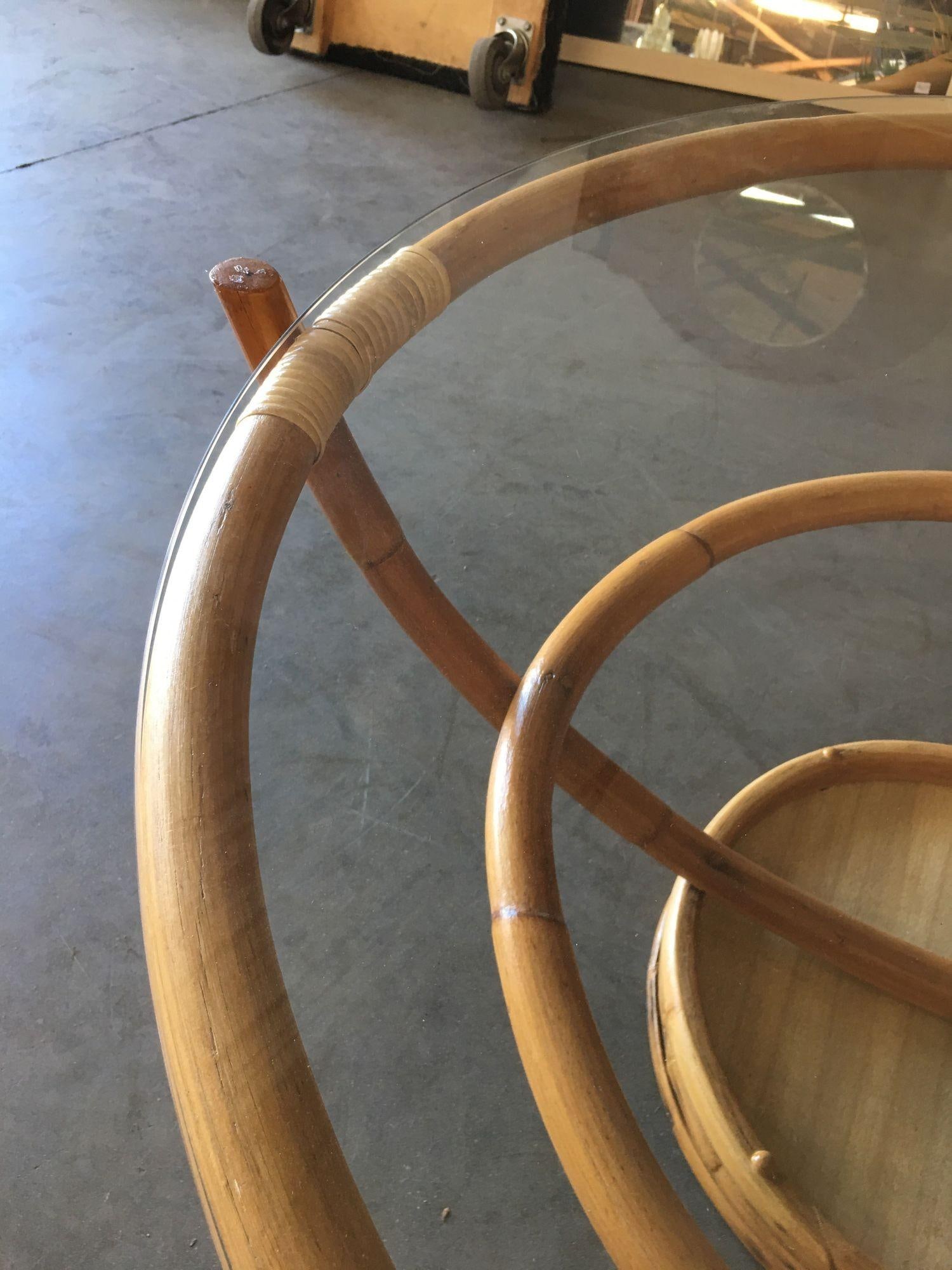 Restored Four Pole Rattan Coffee Table with Floating Glass Top - 4