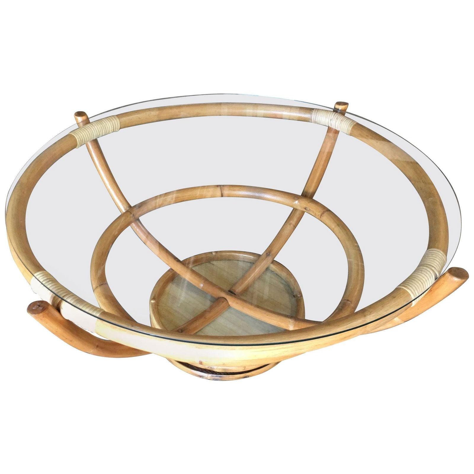 Restored Four Pole Rattan Coffee Table with Floating Glass Top - 7