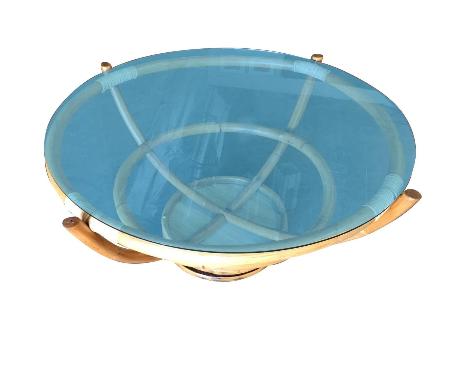 Restored Four Pole Rattan Coffee Table with Floating Glass Top - 9