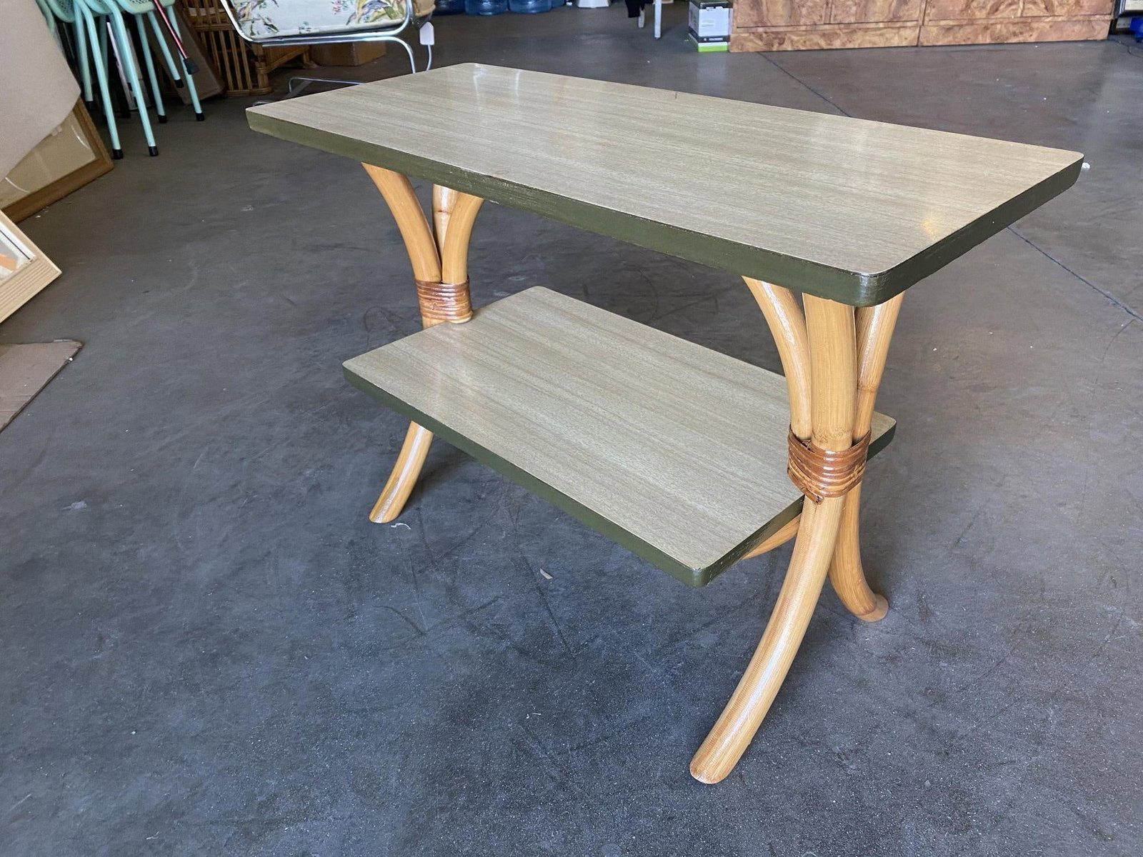 Restored "Hour Glass" Two-Tier Rattan Side Table - 18