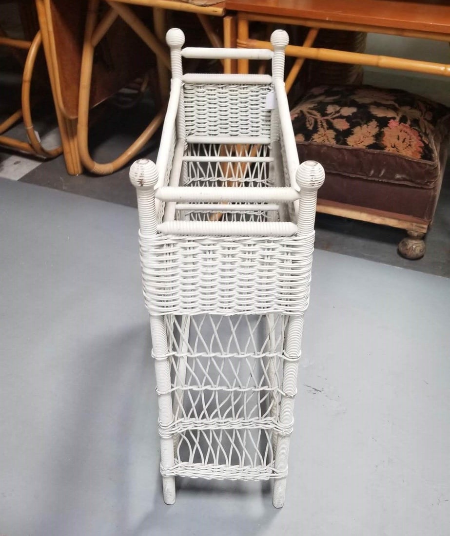 Restored White Rattan Wicker Plant Stand - 5