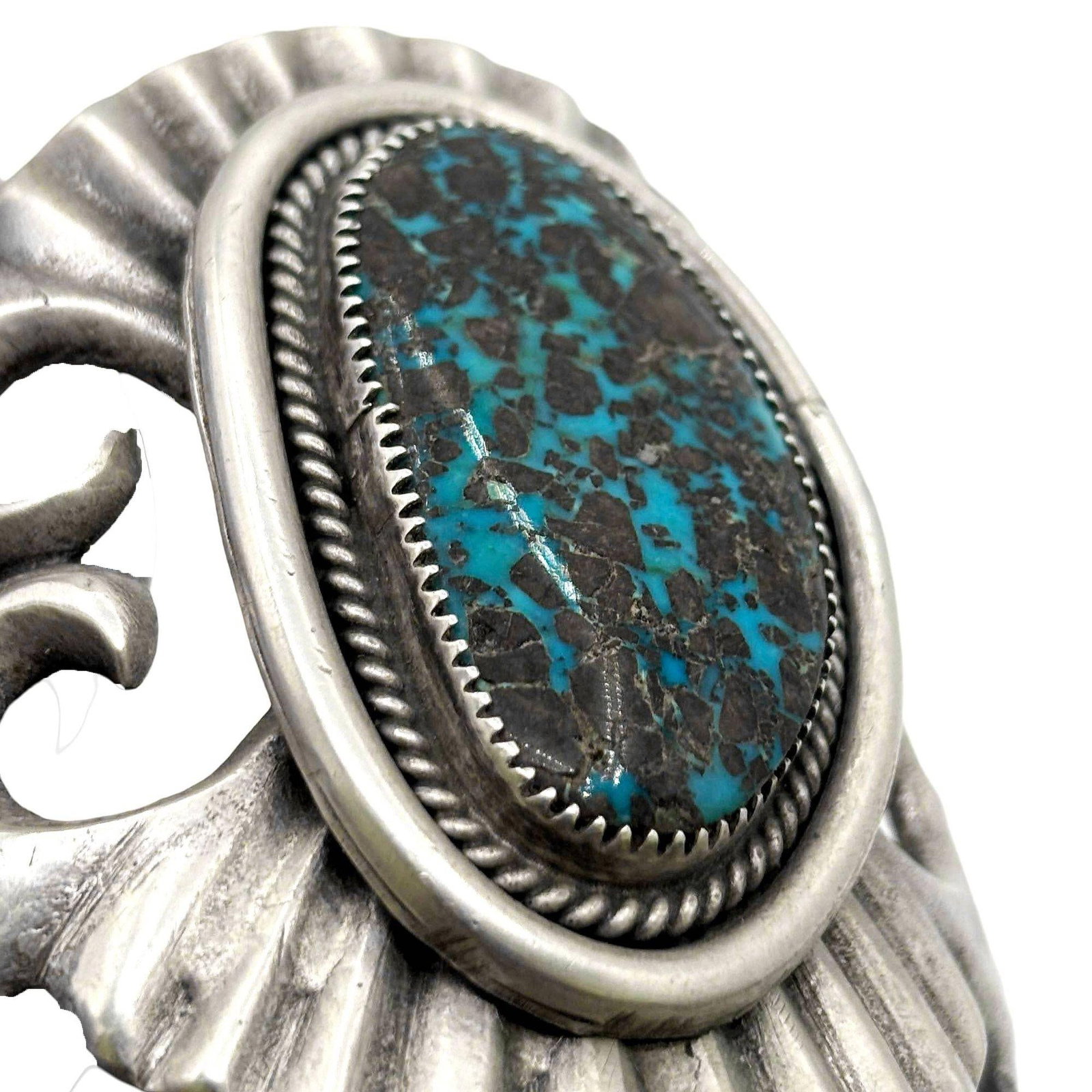 Mid-century Sterling Silver Navajo Cuff Bracelet w/ Bisbee Blue Turquoise Stone - 13