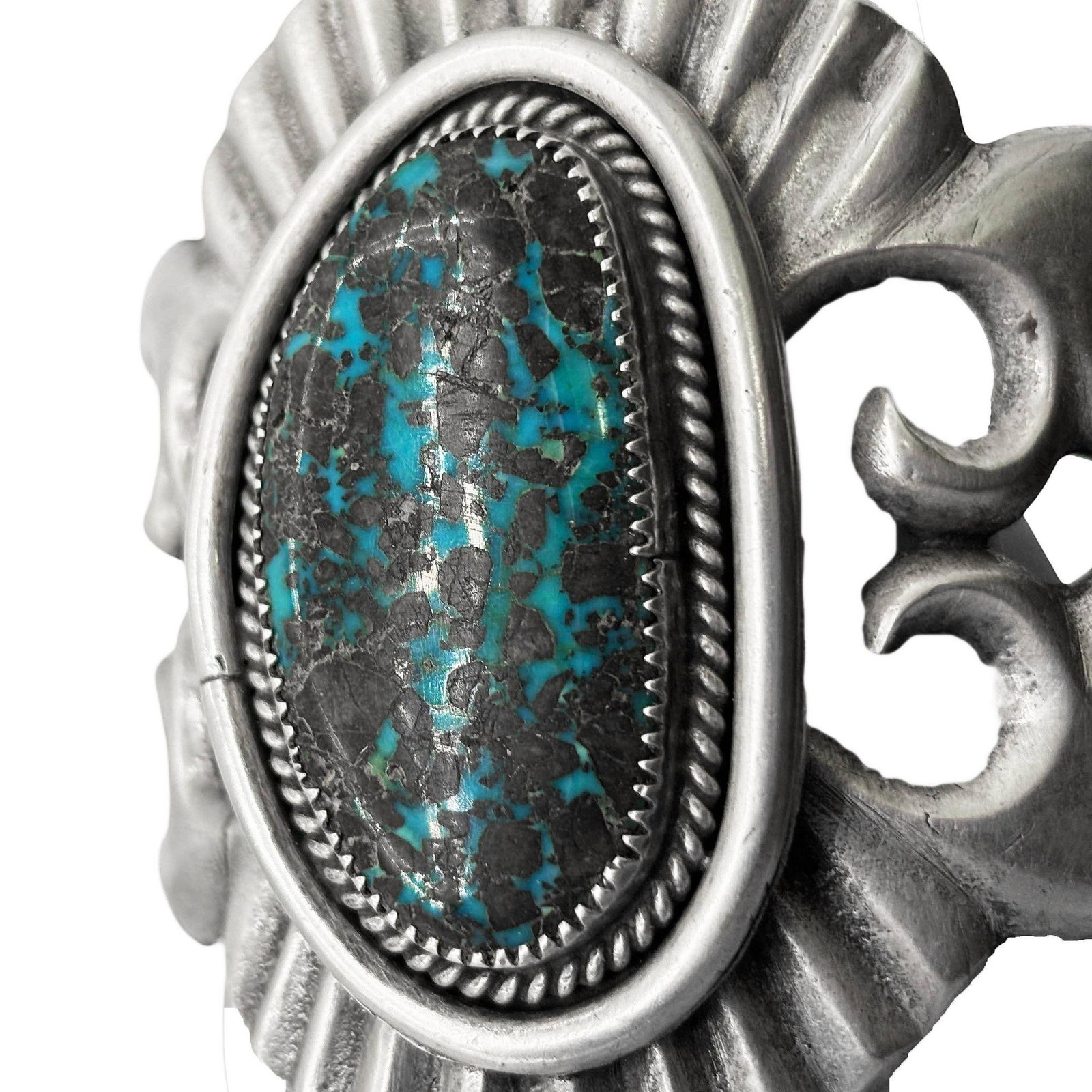 Mid-century Sterling Silver Navajo Cuff Bracelet w/ Bisbee Blue Turquoise Stone - 19