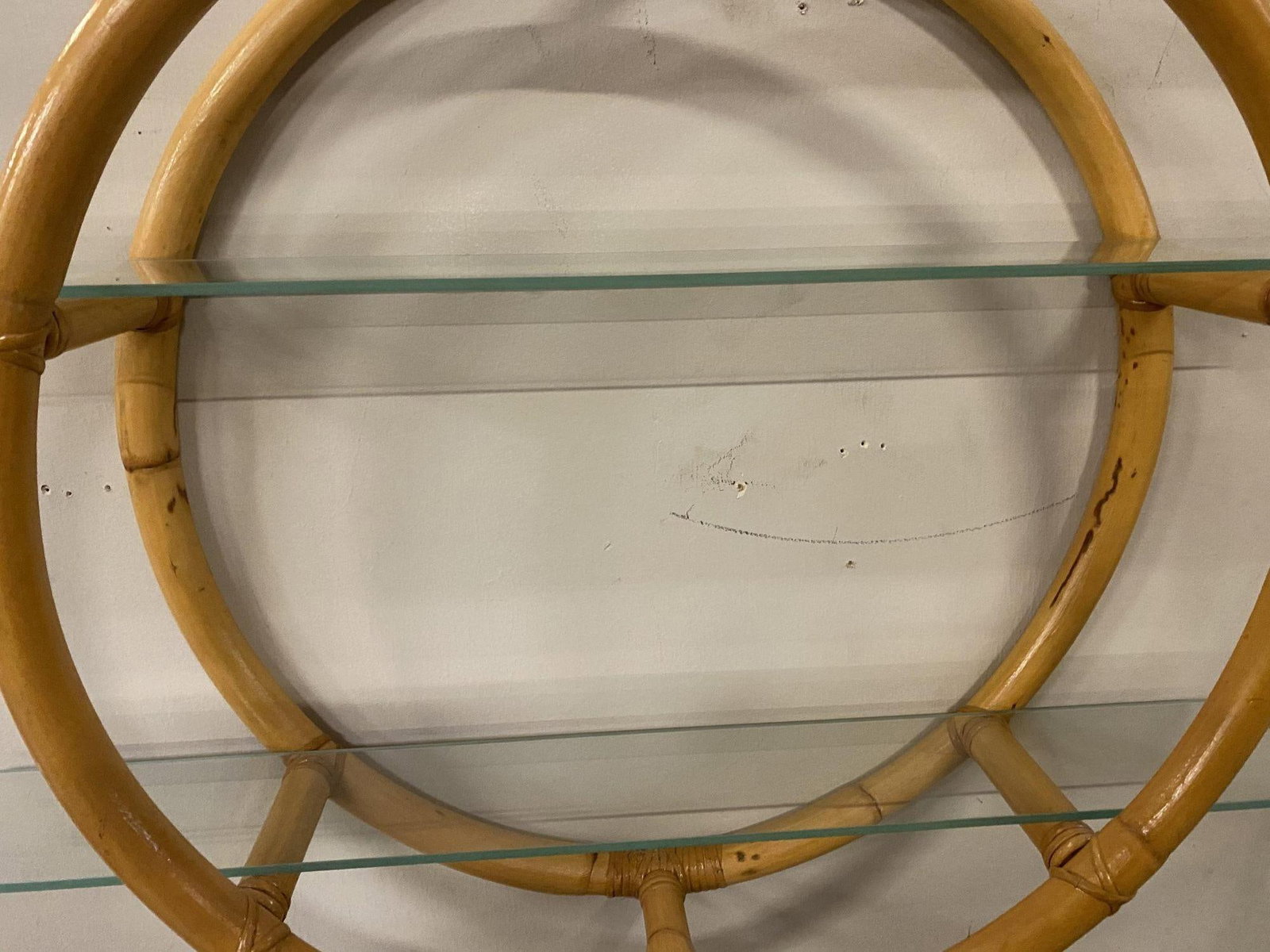 Restored Circular Rattan Wall "Skeleton" Shelf W/ Glass Tiers - 13