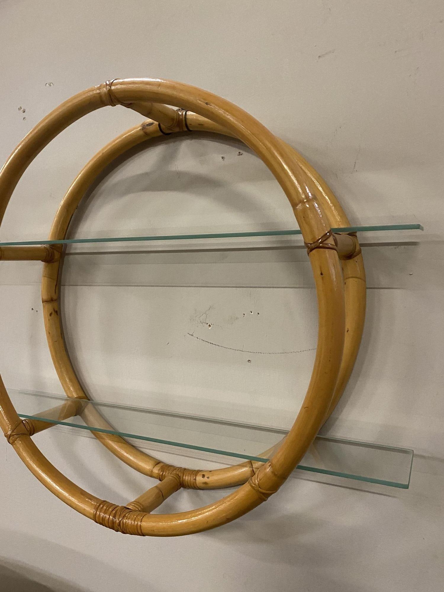 Restored Circular Rattan Wall "Skeleton" Shelf W/ Glass Tiers - 19
