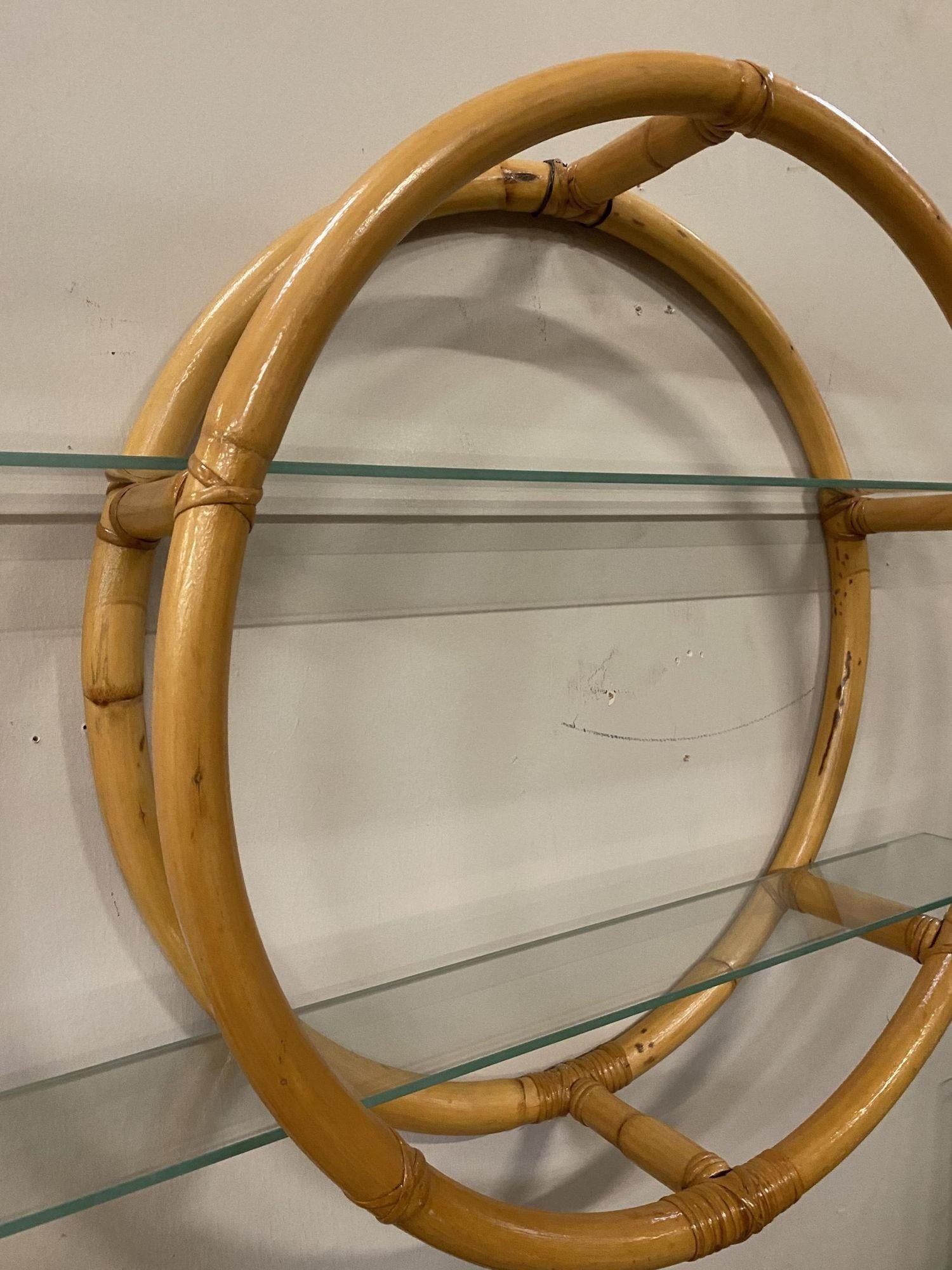 Restored Circular Rattan Wall "Skeleton" Shelf W/ Glass Tiers - 20