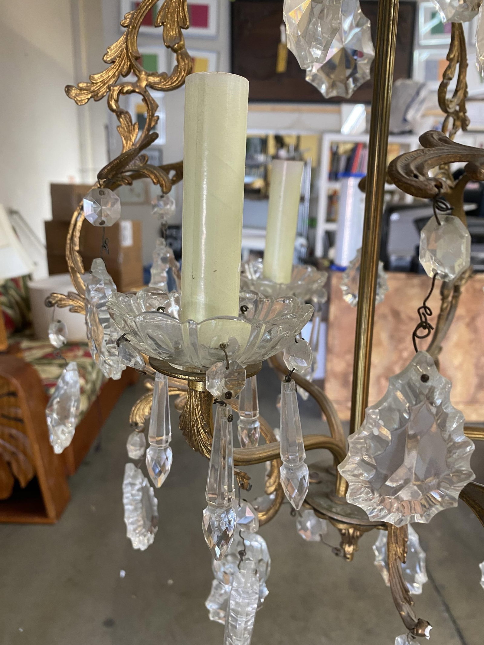 Tall Hollywood Regency Crystal and Brass Chandelier w/ Three Lights - 13