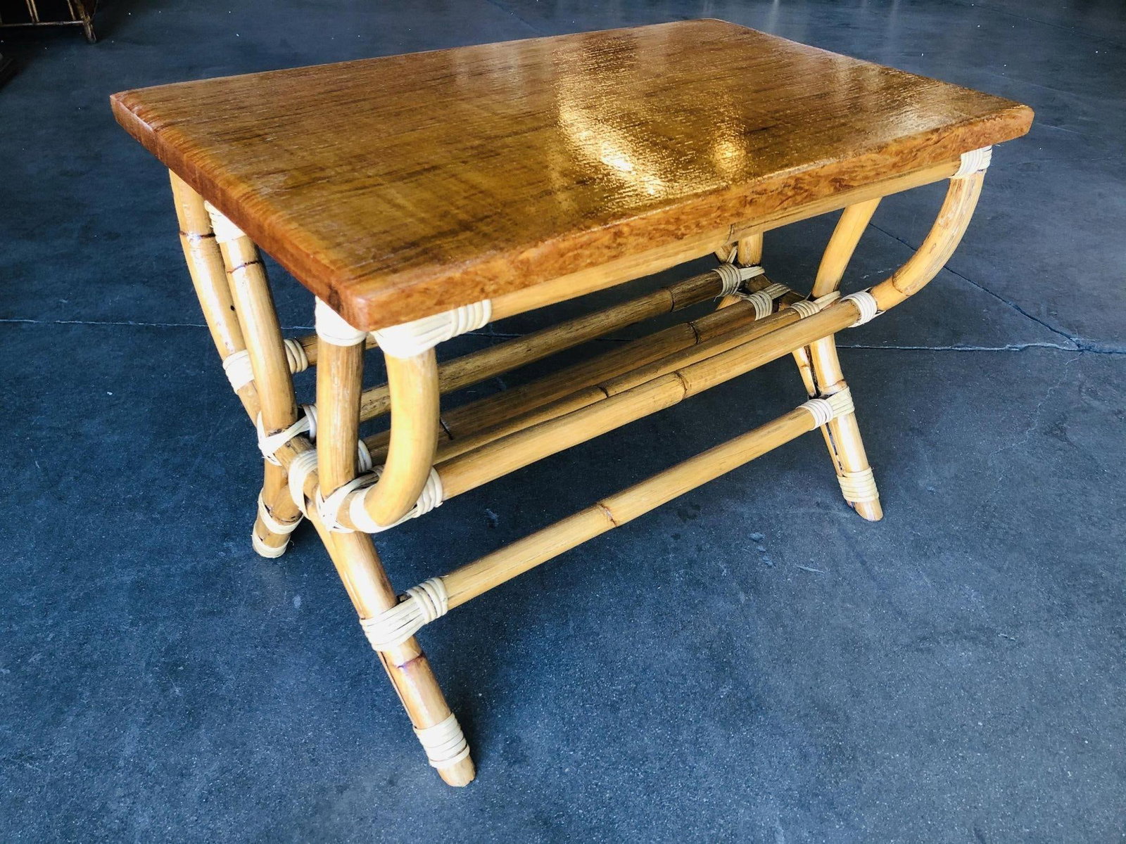 Restored Rattan "Harp" Side Table W/ Slat Underside - 6