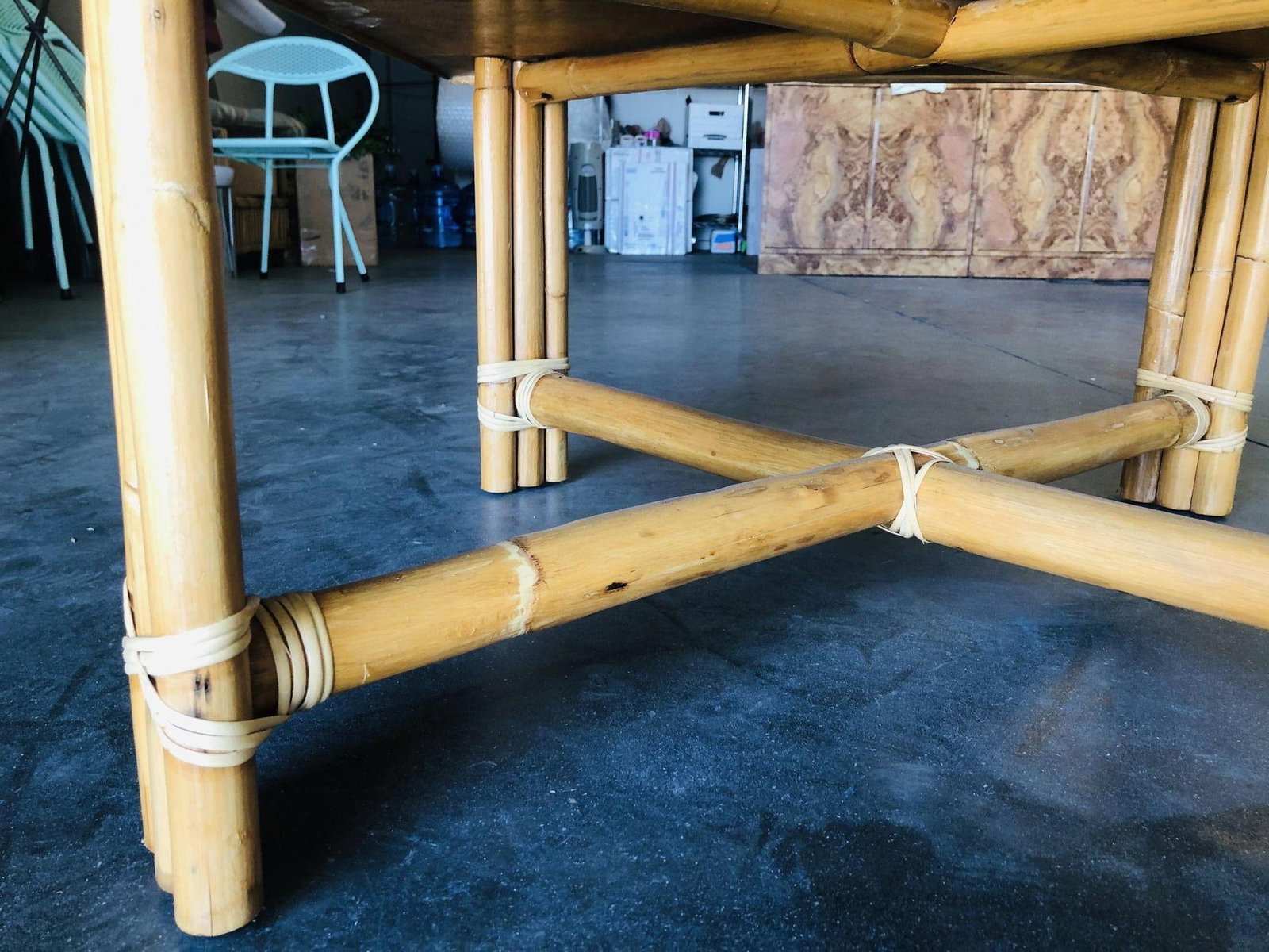 Restored Large "x" Base Rattan Coffee Table W/ Mahogany Top - 11