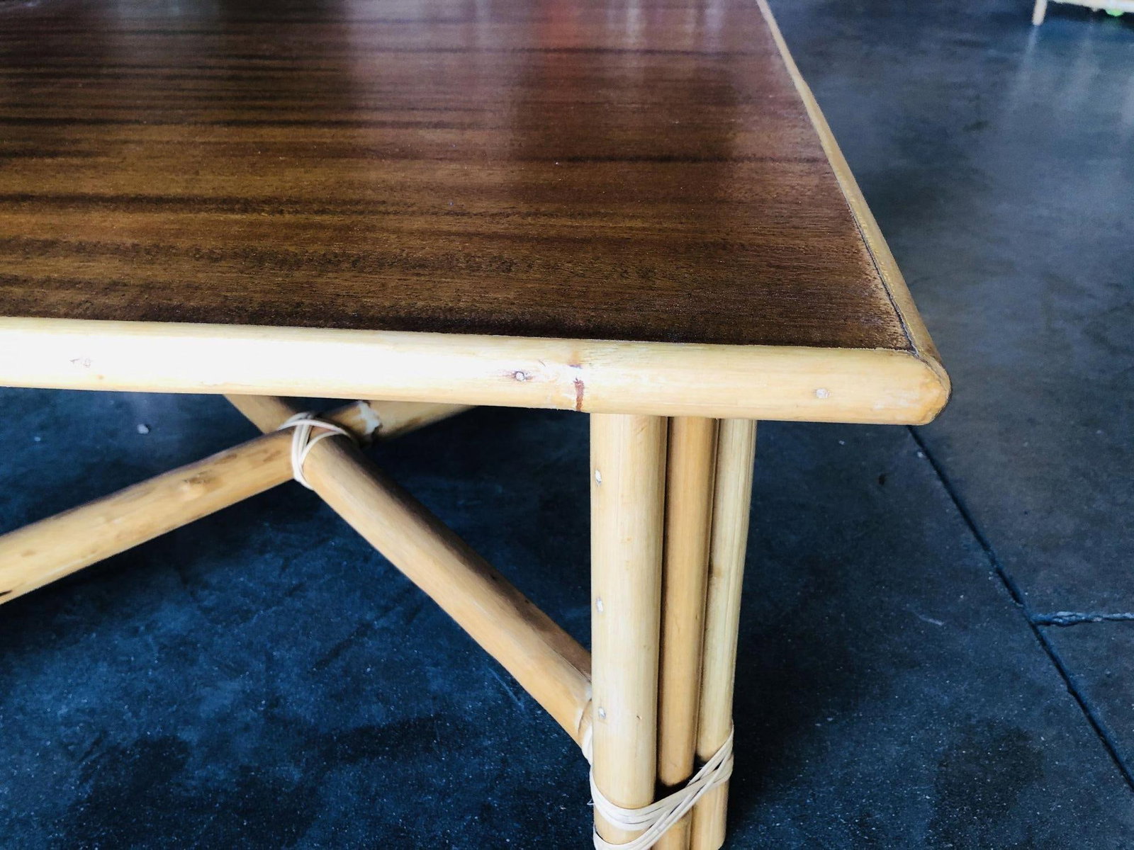 Restored Large "x" Base Rattan Coffee Table W/ Mahogany Top - 12