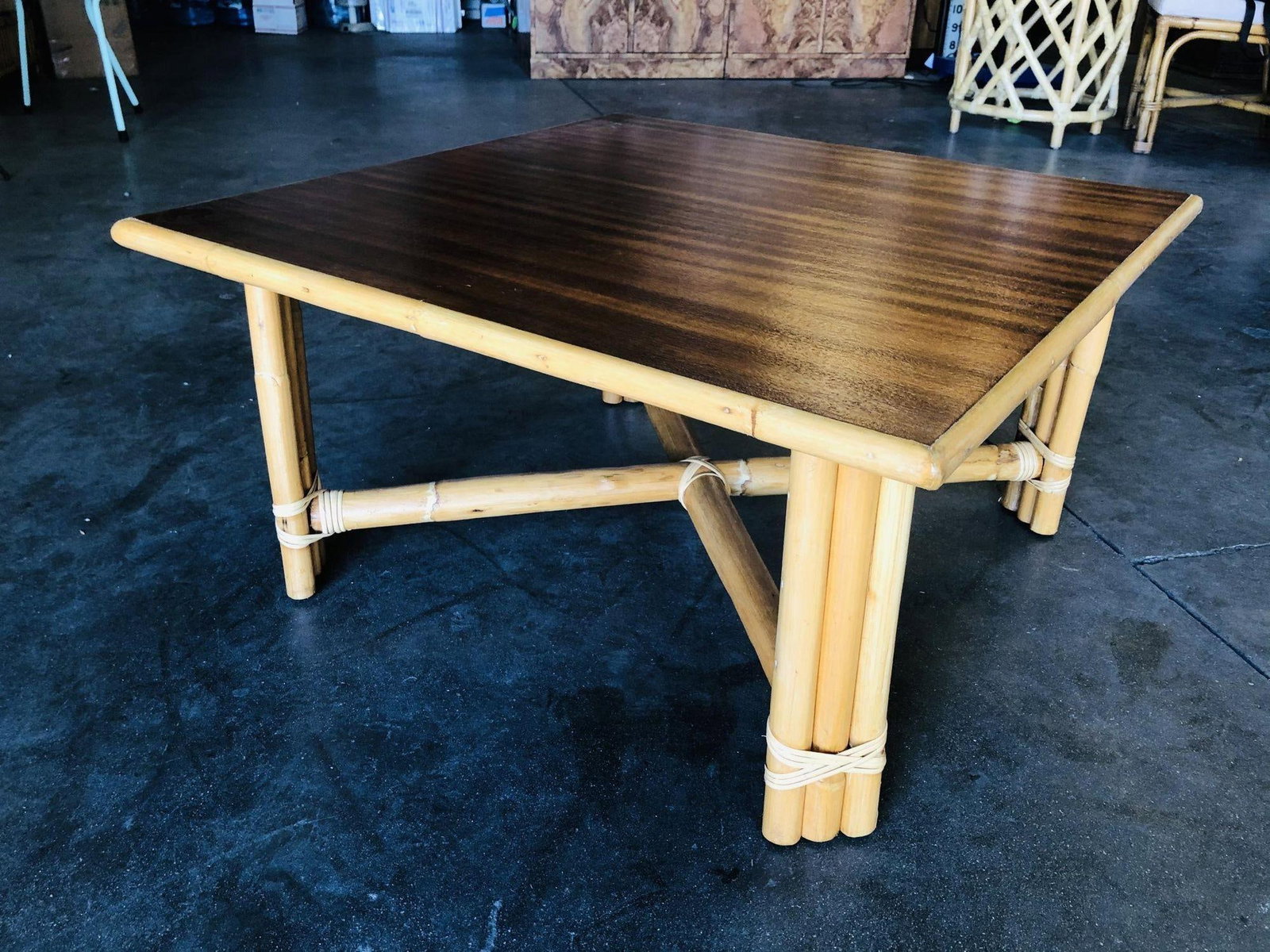 Restored Large "x" Base Rattan Coffee Table W/ Mahogany Top - 15