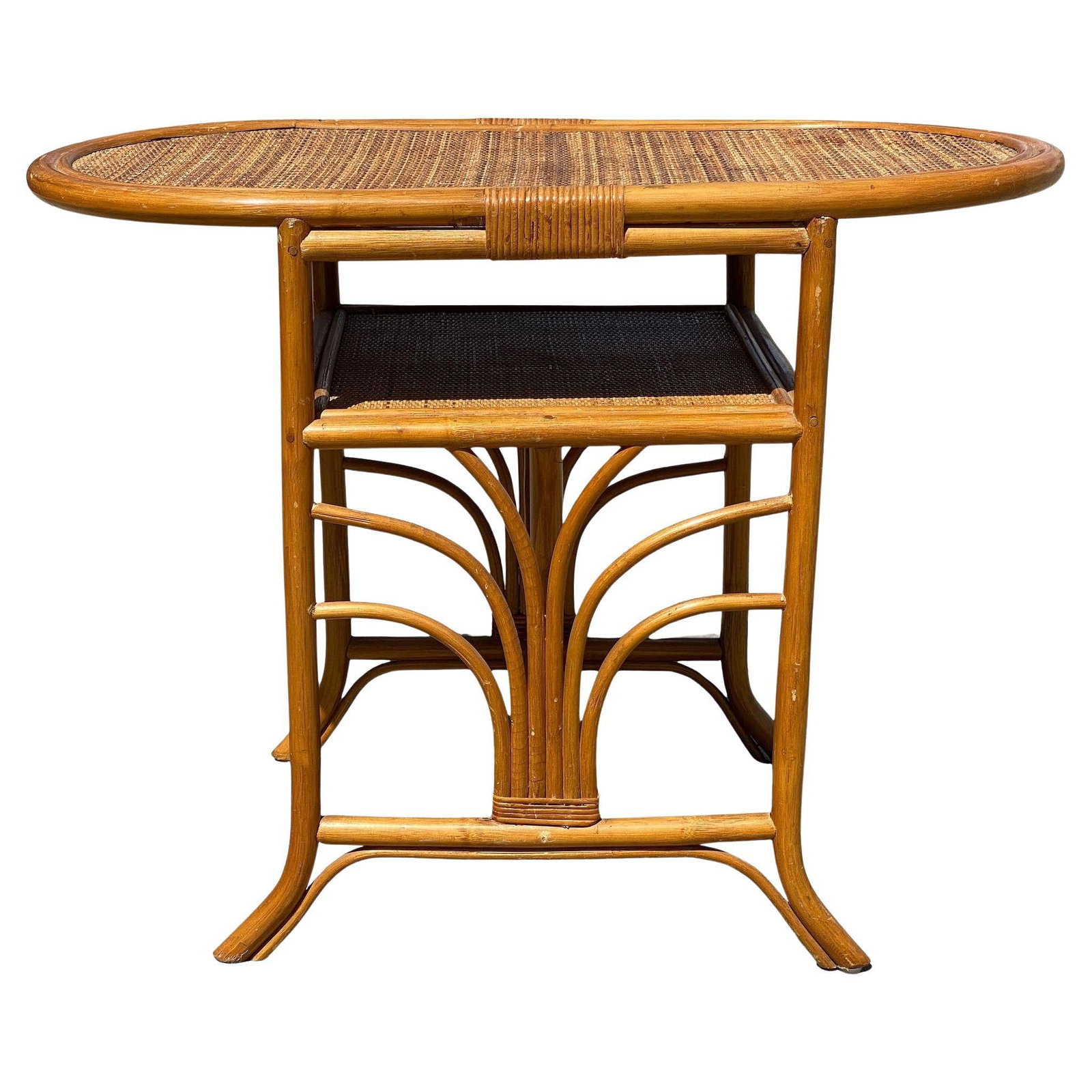 Restored Art Deco "Palm" Rattan Side Drink Table W/ Rice Mat Top - 14